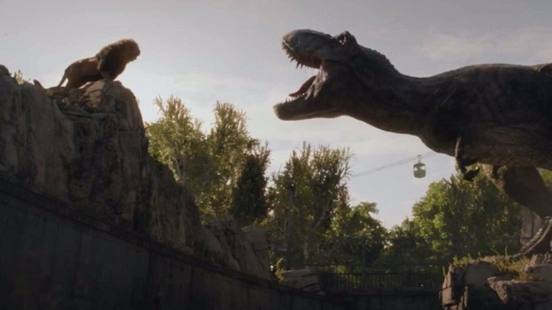 Jurassic World Dominion, lion, roaring dinosaur, Full HD Desktop Wallpaper