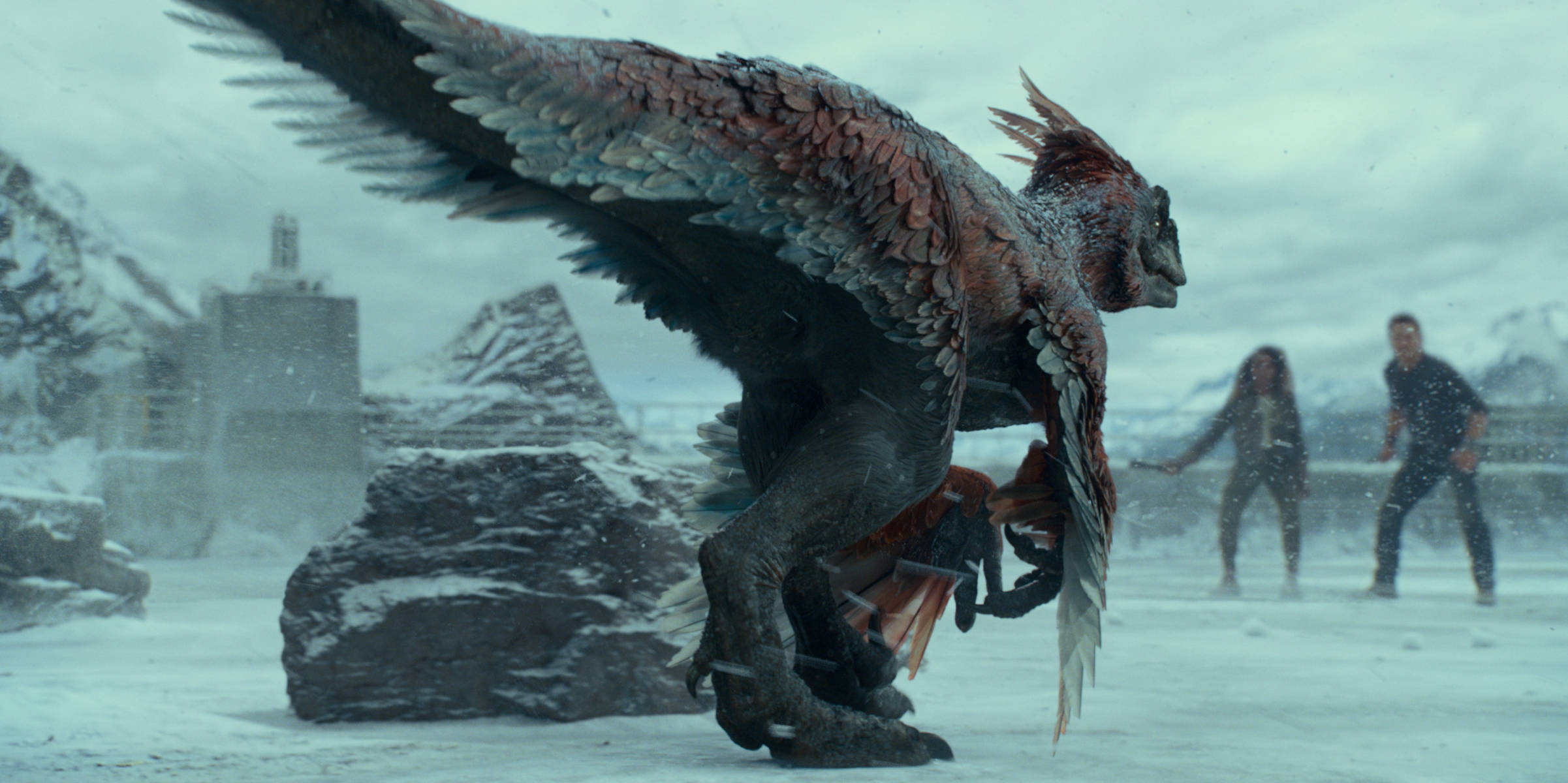 Jurassic World Dominion, feathered dinosaur, snowy wasteland, Full HD Desktop Wallpaper
