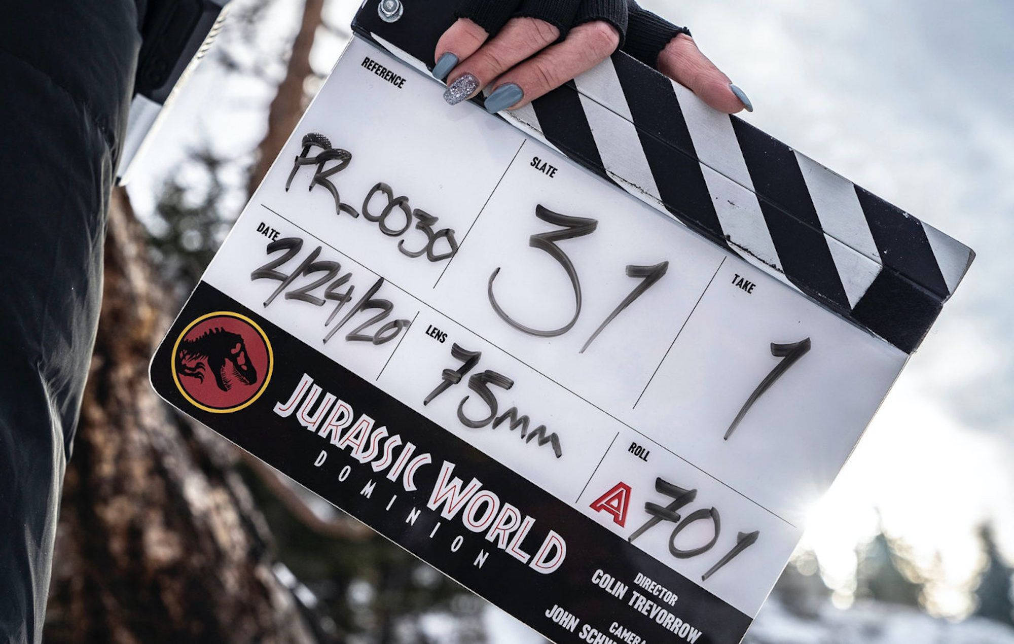 Jurassic World Dominion, clapperboard, snowy woods, Full HD Desktop Wallpaper
