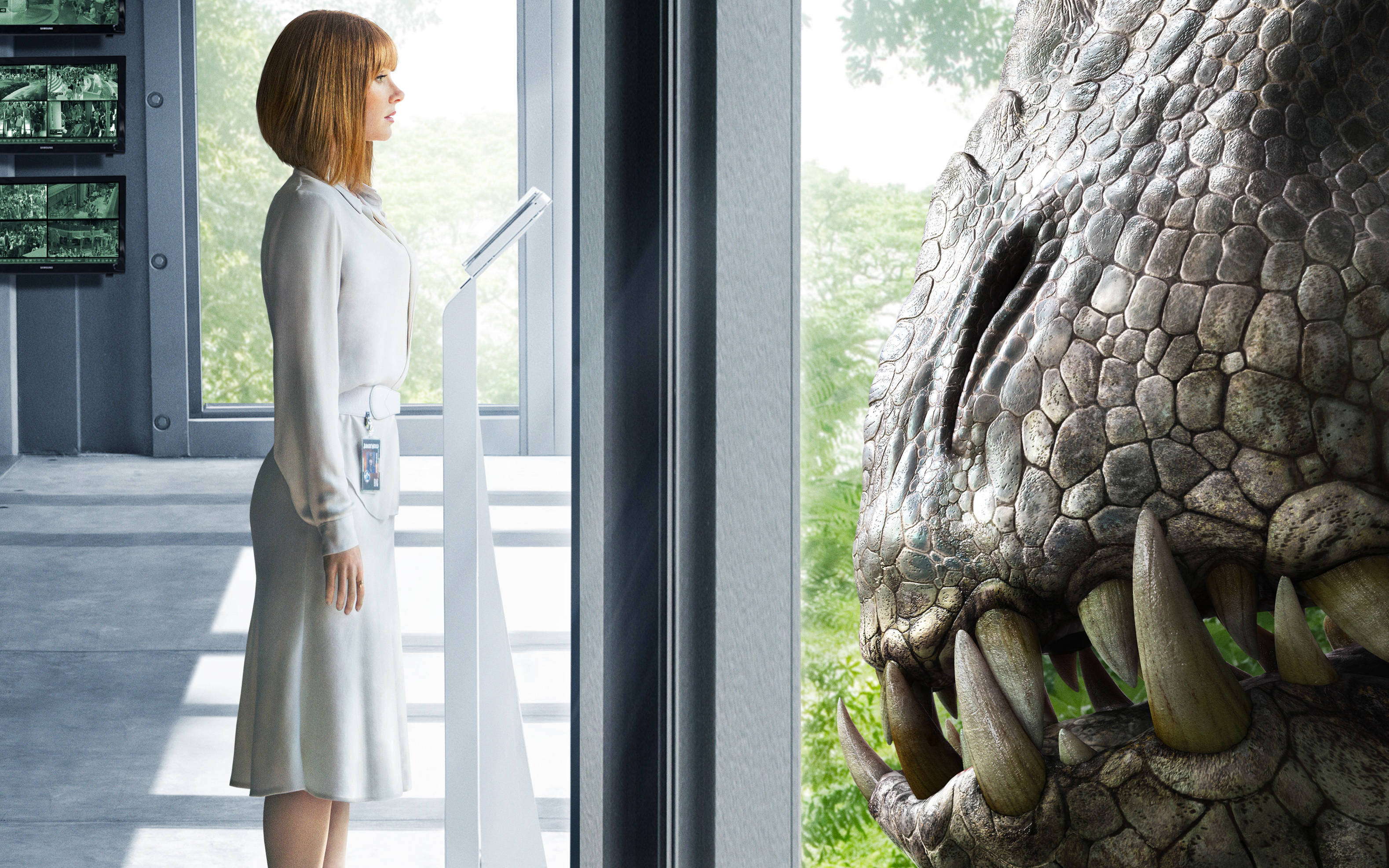 Jurassic World, experiment lab, massive dinosaur head, 2K Desktop Wallpaper