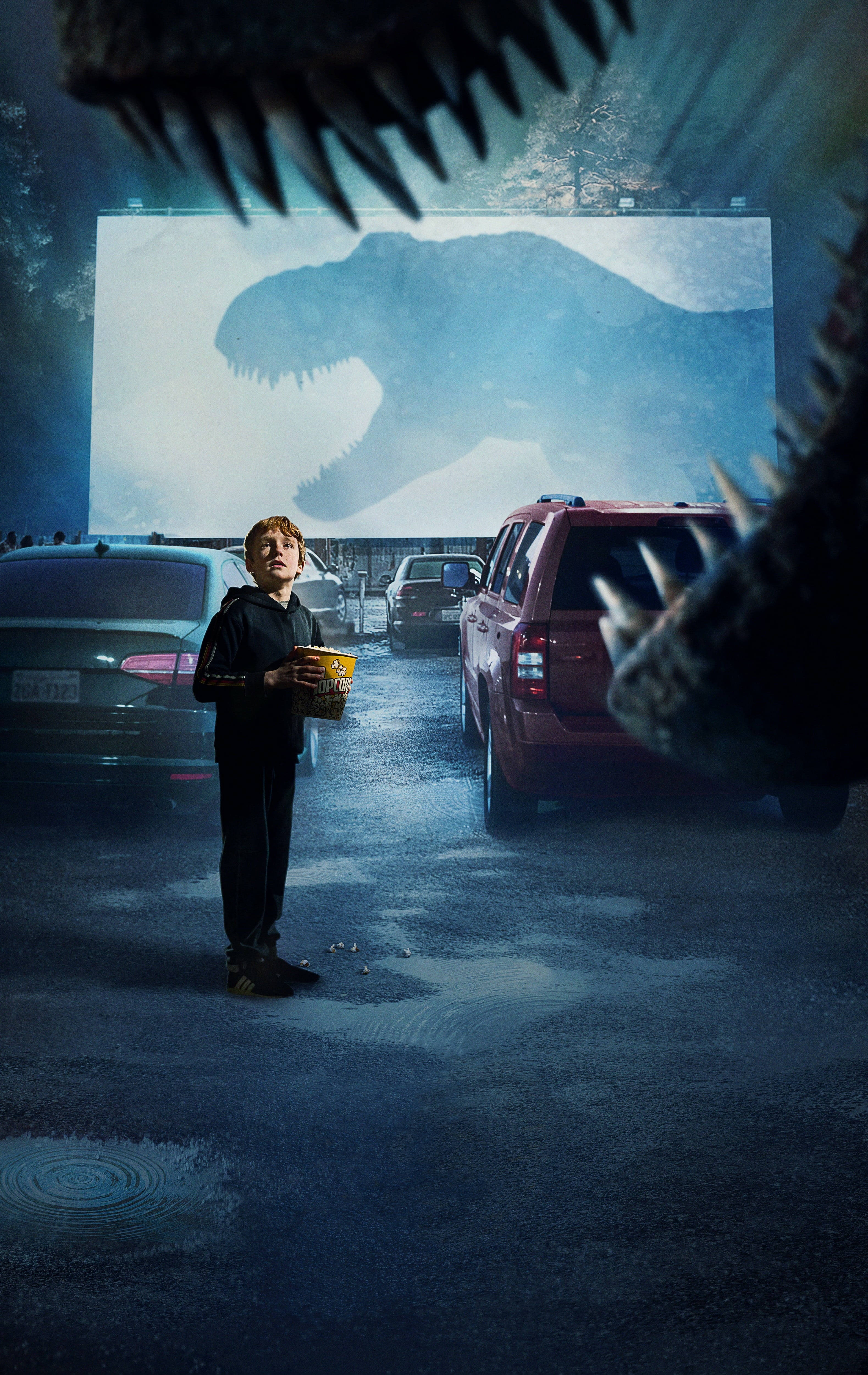 Jurassic World, drive-in theater, giant dinosaur movie screen, 4K Phone Wallpaper