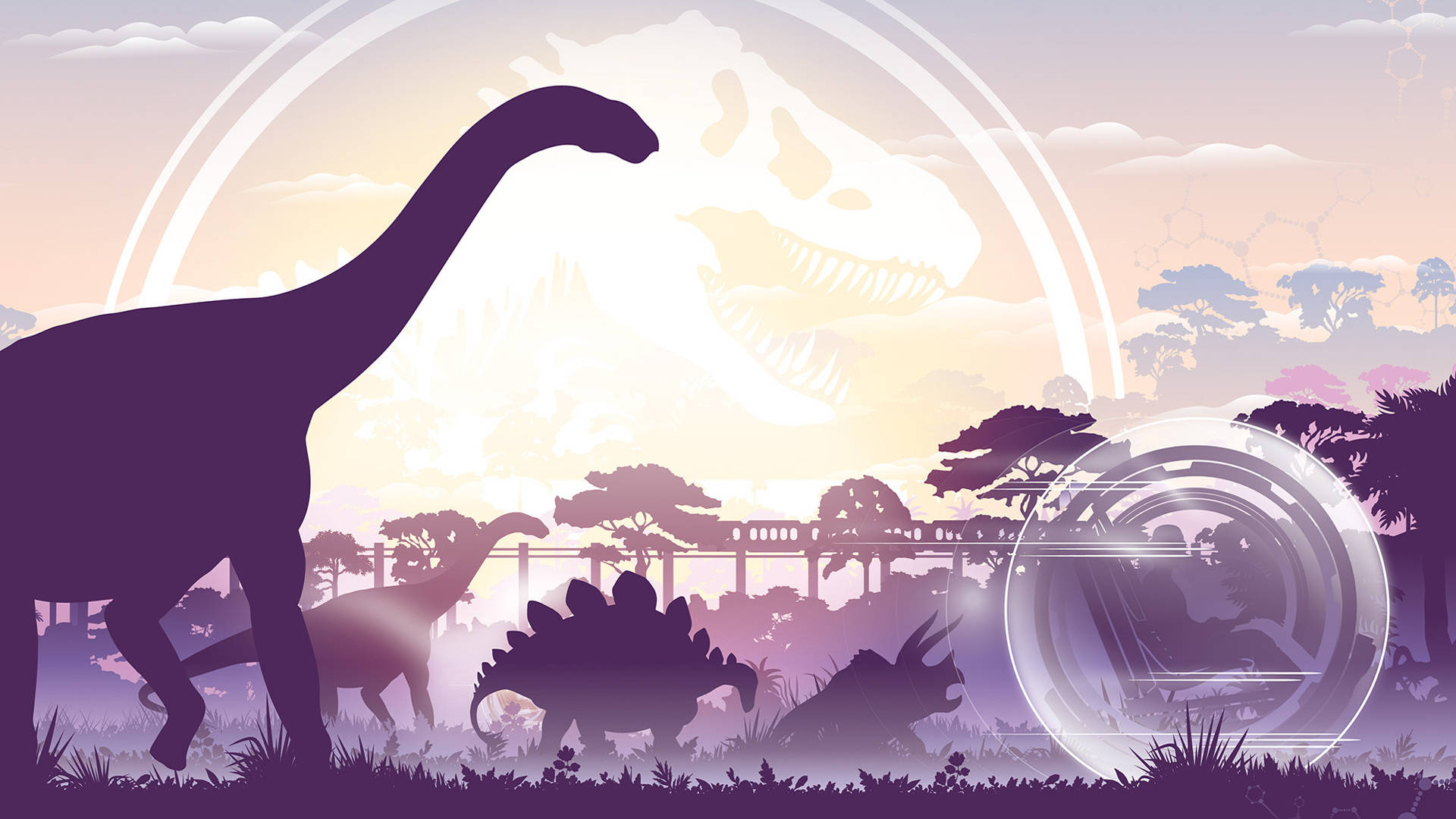 Jurassic World, glowing sunset, futuristic transparent dome, Full HD Desktop Wallpaper