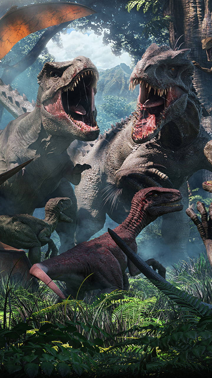 Jurassic World, tyrannosaurs, misty jungle, HD Phone Wallpaper