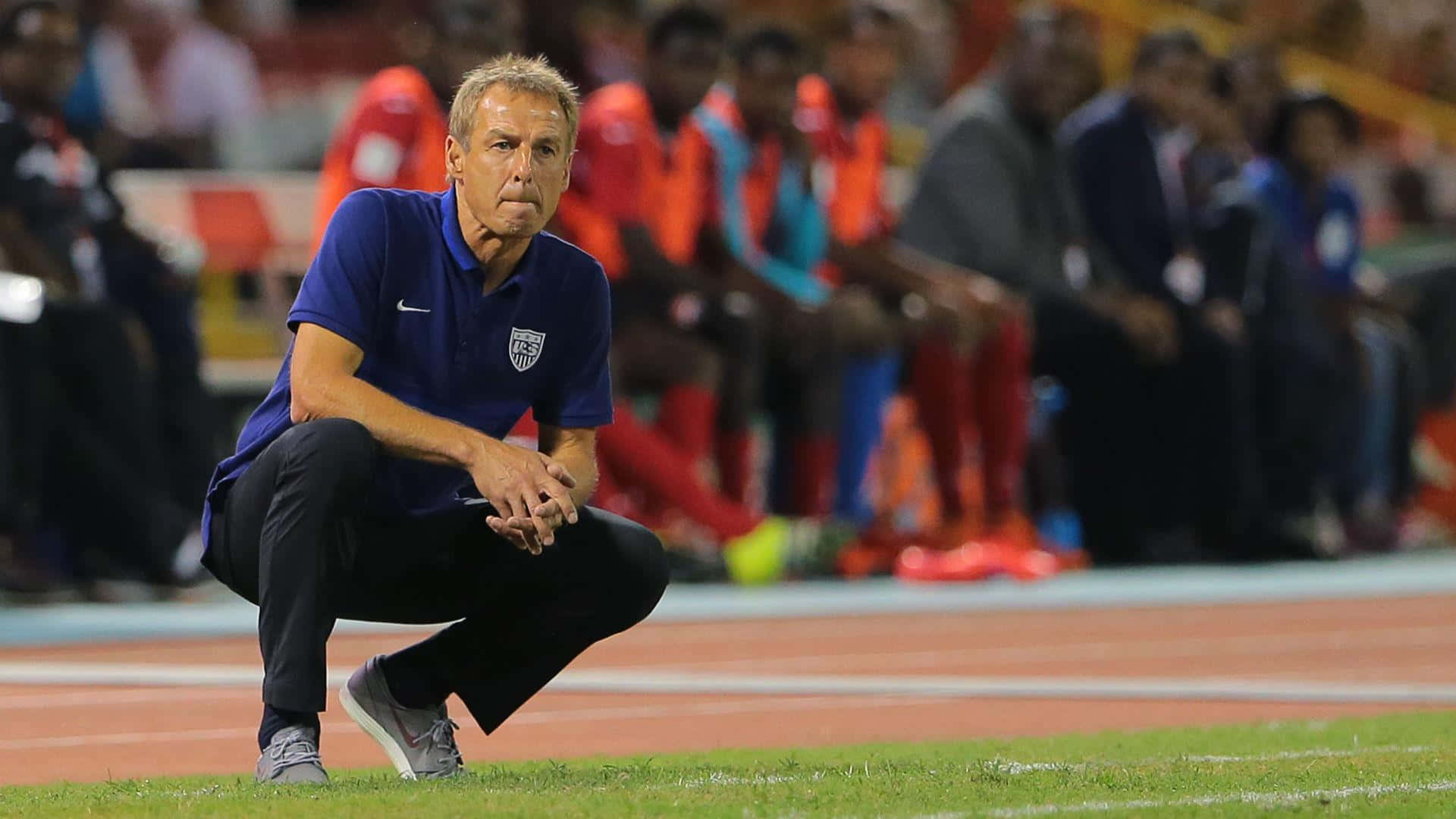 Jurgen Klinsmann, blue USA jersey, grass sideline, Full HD Desktop Wallpaper
