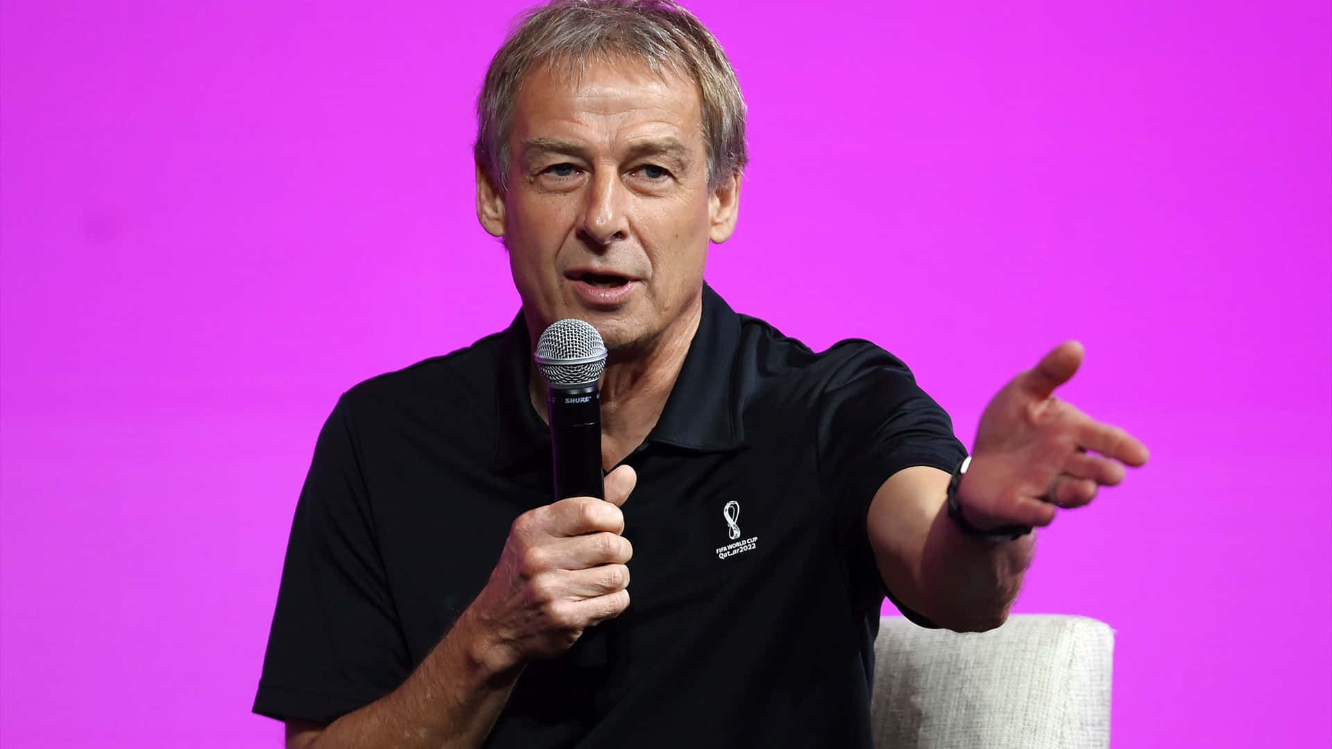 Jurgen Klinsmann, microphone, black polo shirt, Full HD Desktop Wallpaper