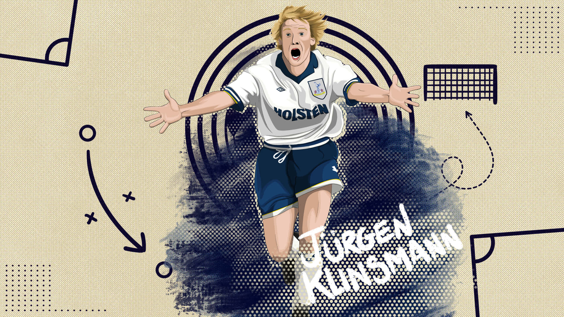 Jurgen Klinsmann, vintage white jersey, stylized soccer field backdrop, Full HD Desktop Wallpaper