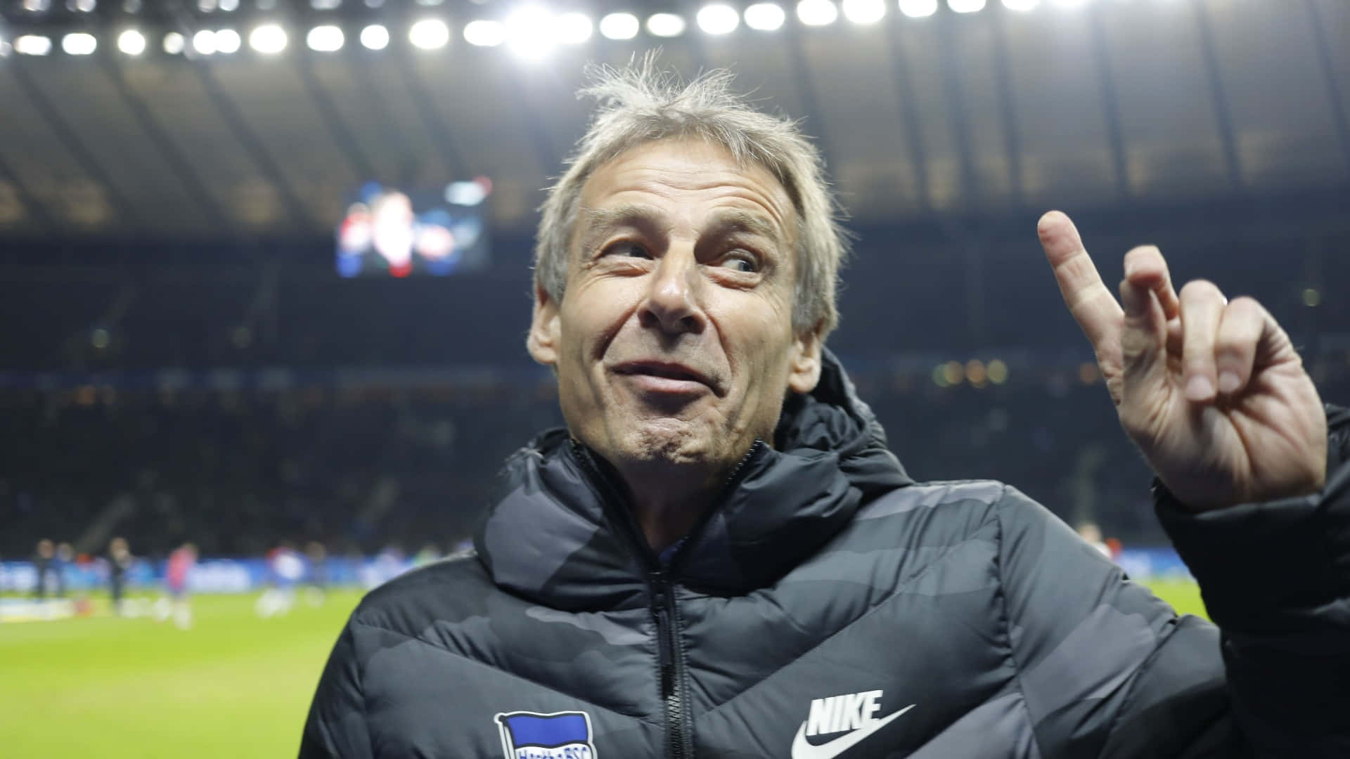 Jurgen Klinsmann, football stadium, black puffer jacket, Full HD Desktop Wallpaper