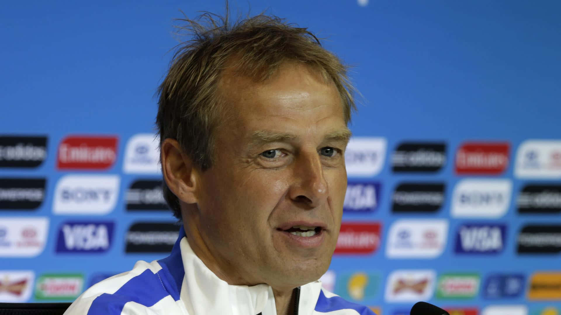 Jurgen Klinsmann, blue and white sports jacket, press conference, Full HD Desktop Wallpaper