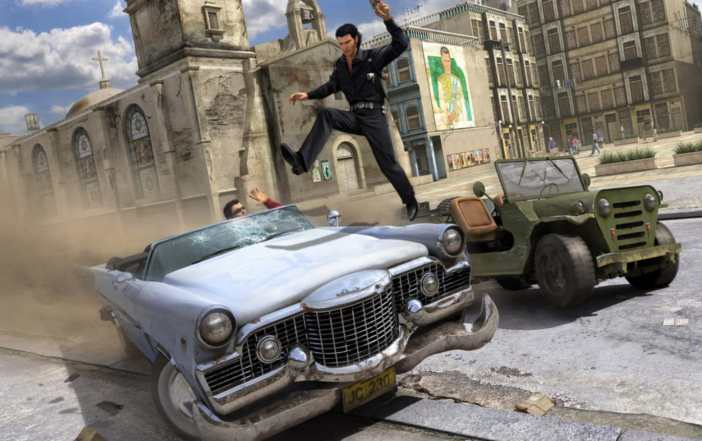 Just Cause 1, silver convertible, green jeep, HD Desktop Wallpaper