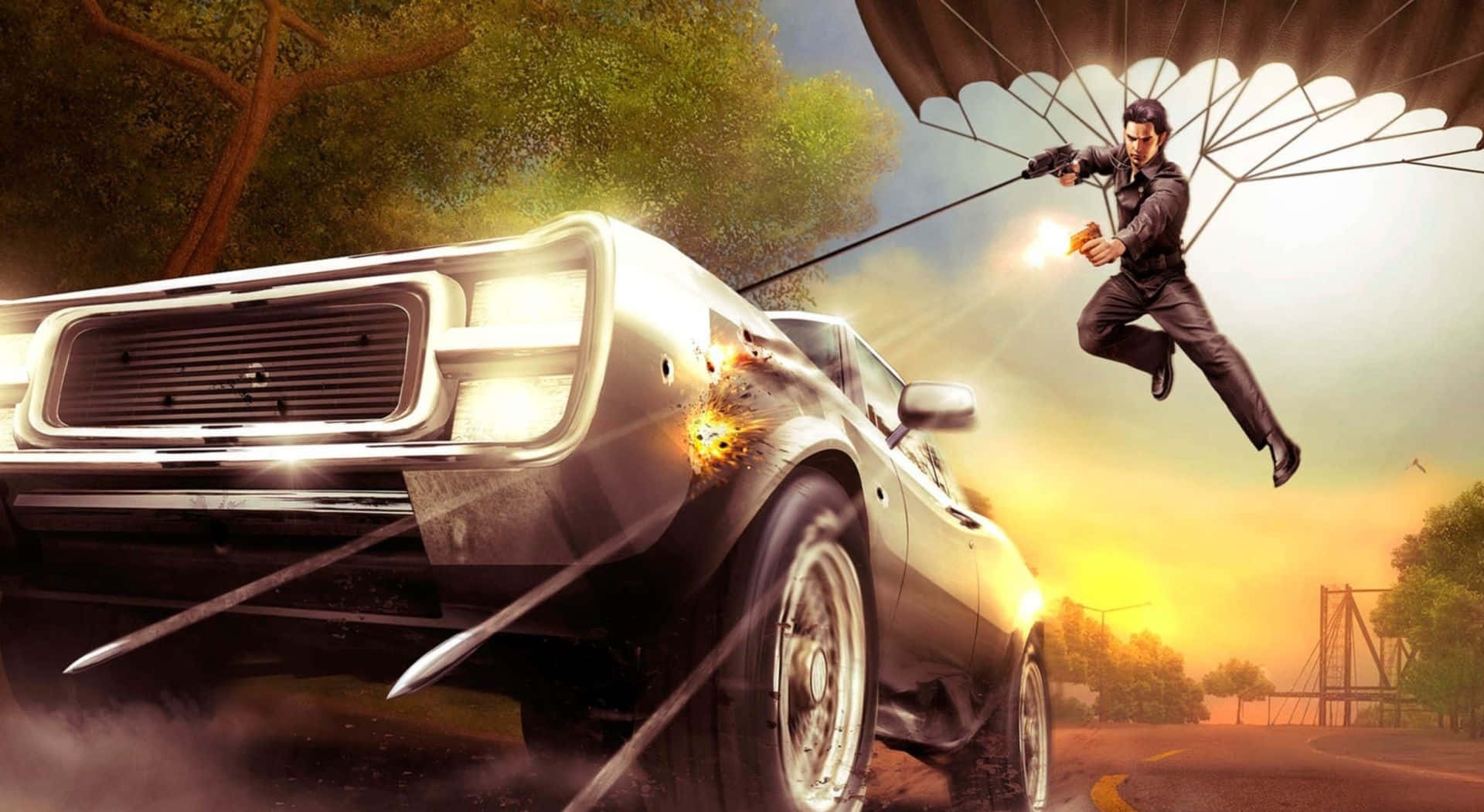Just Cause 1, parachute, gun, Full HD Desktop Wallpaper