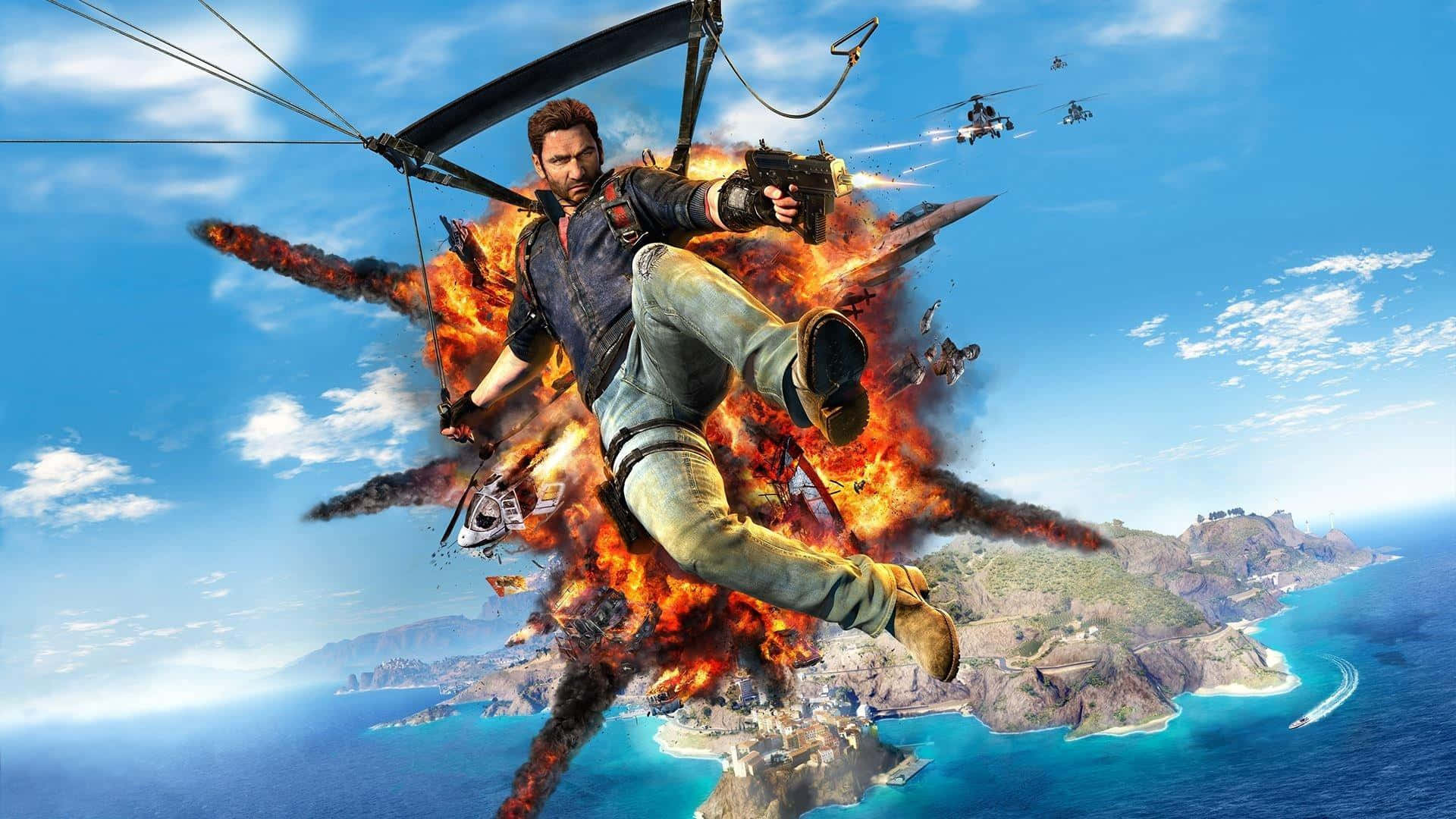 Just Cause 1, helicopter, fiery explosion, Full HD Desktop Wallpaper