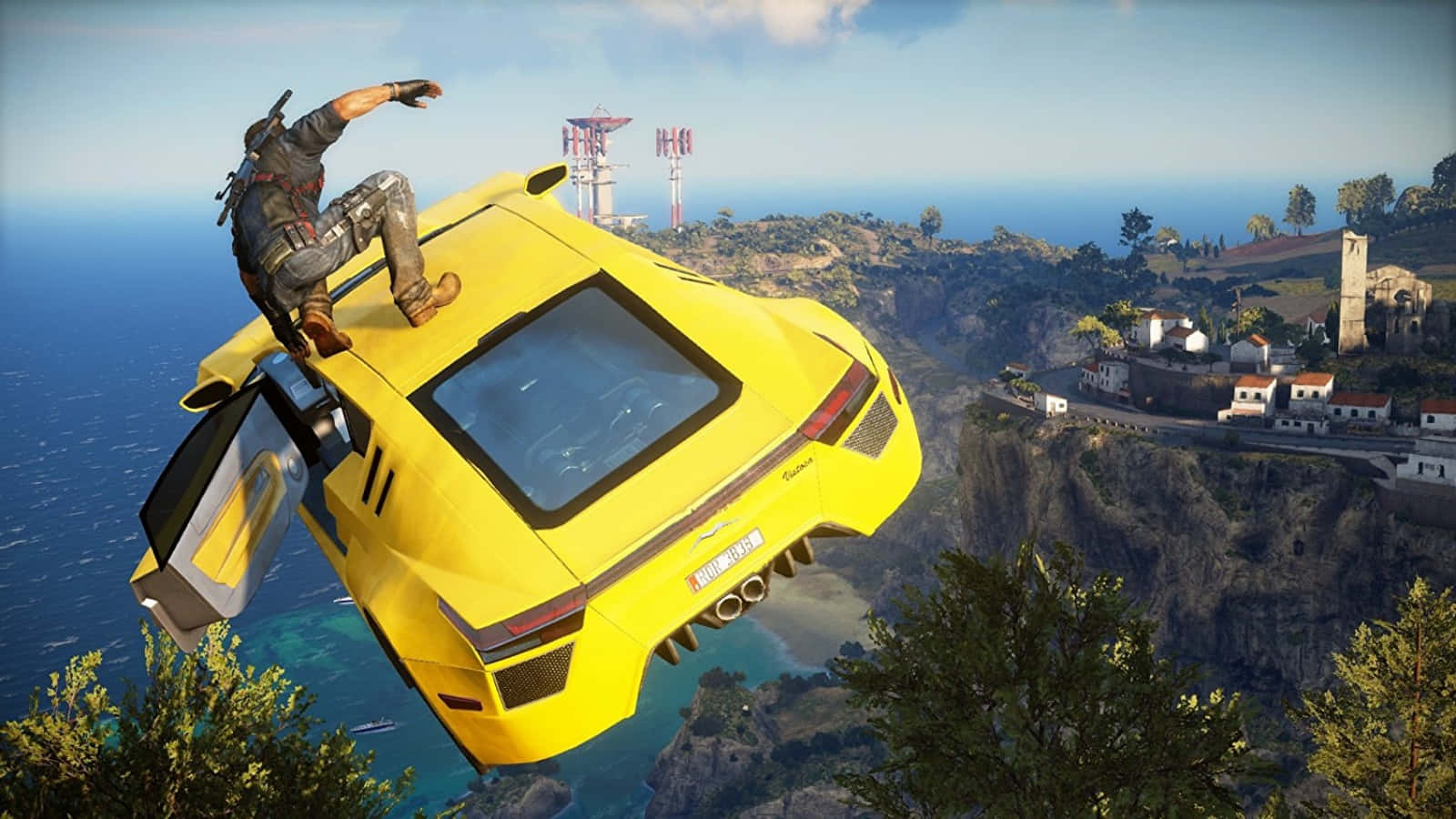 Just Cause 1, yellow sports car, coastal cliffside village, HD Desktop Wallpaper