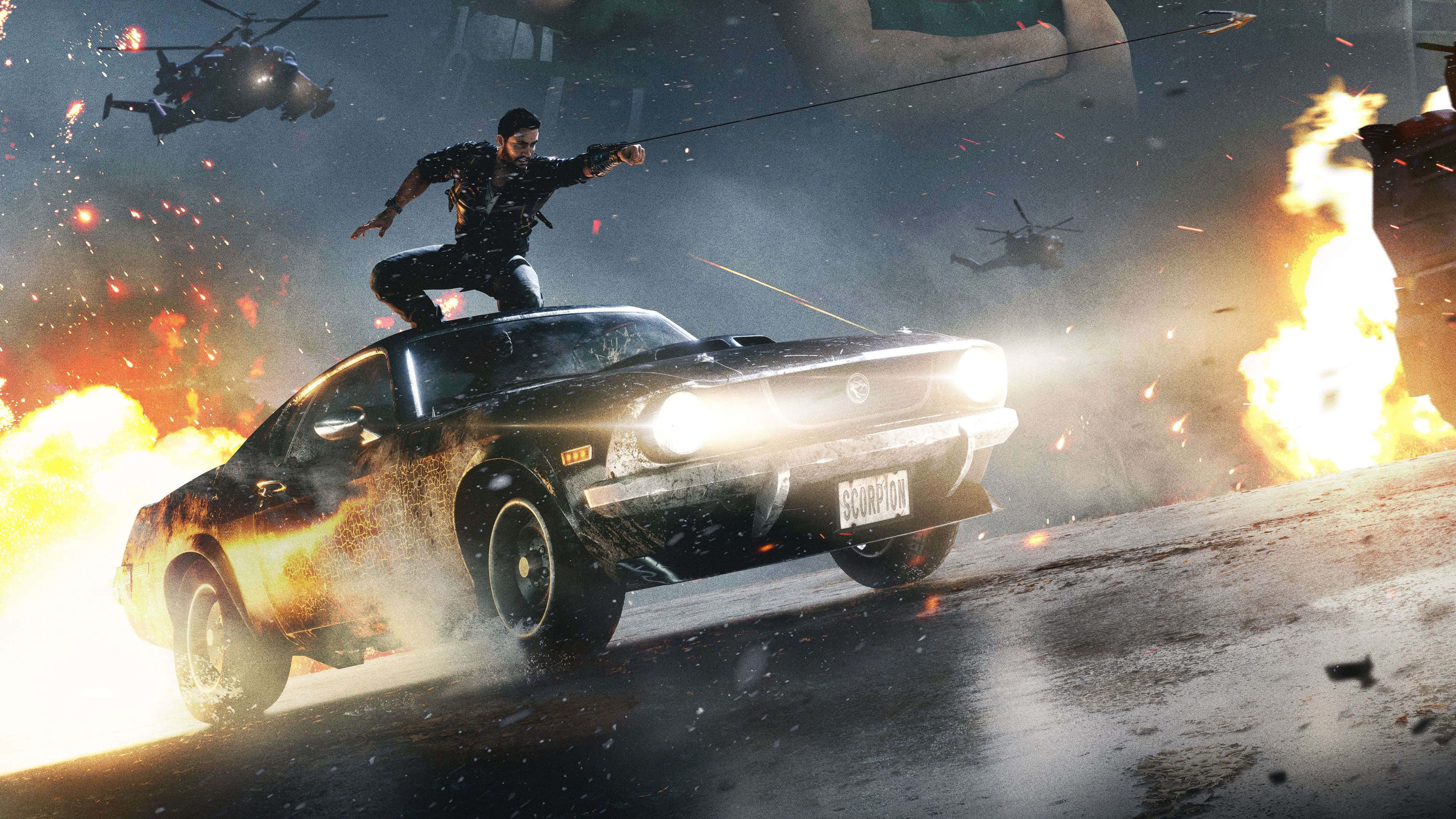 Just Cause 1, black muscle car, explosions, 4K Desktop Wallpaper