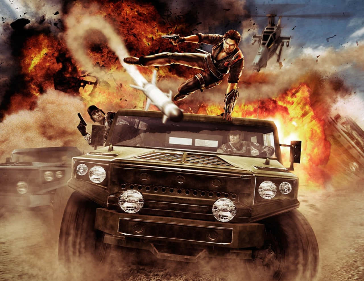 Just Cause 1, soldier, burning military truck, HD Desktop Wallpaper