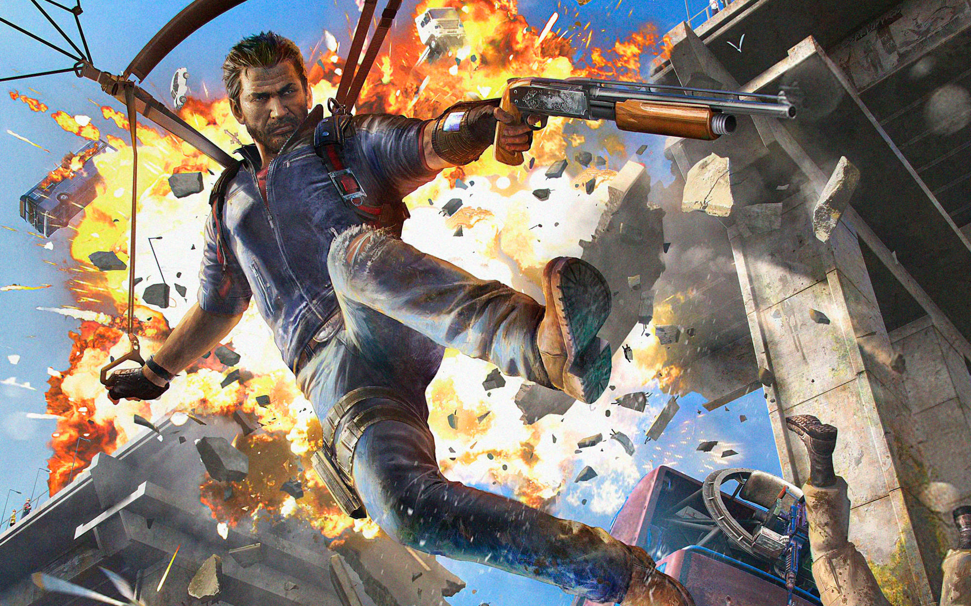 Just Cause 2, parachute scene, fiery explosions, Full HD Desktop Wallpaper