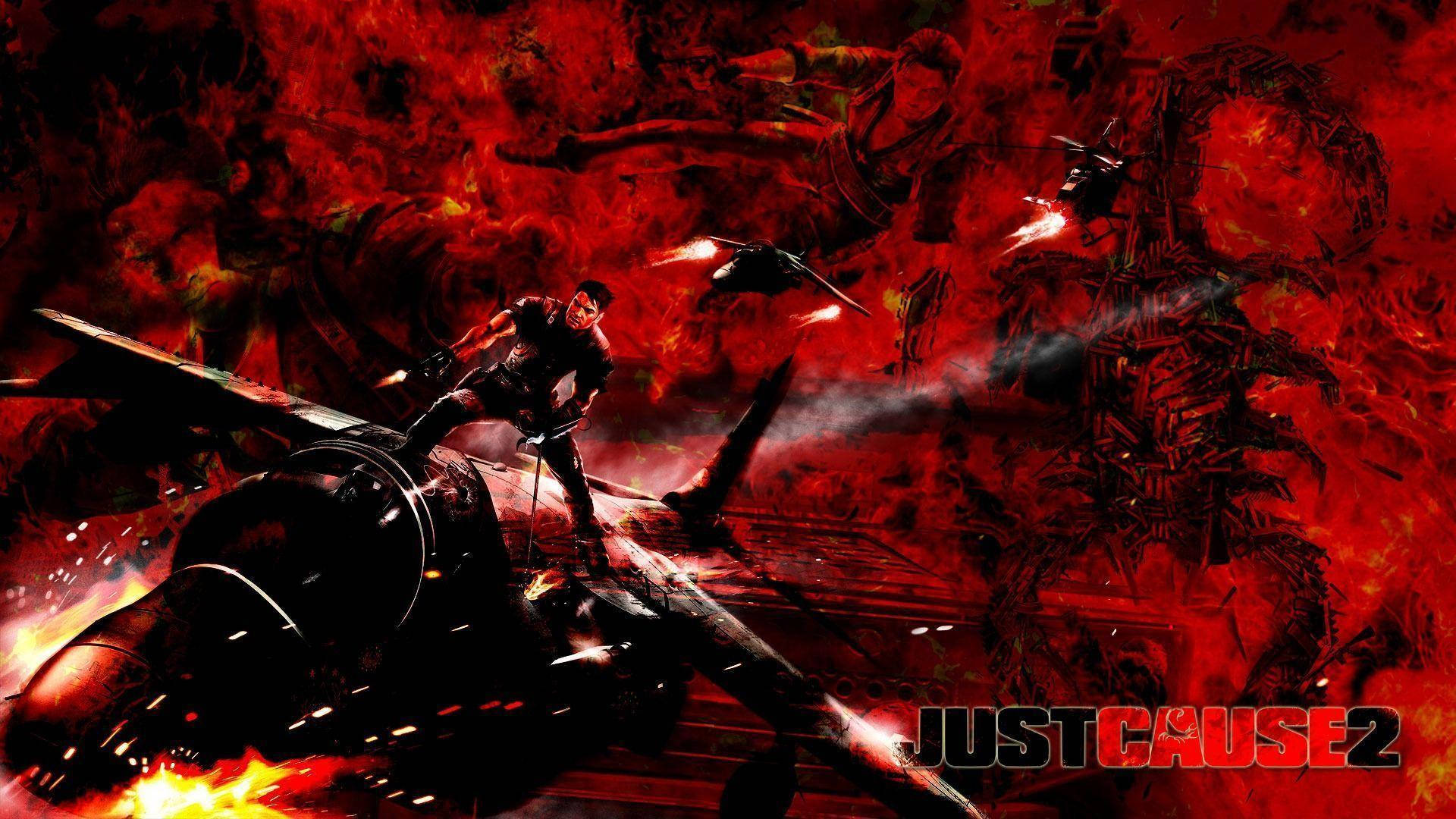 Just Cause 2, red battlefield, burning aircraft, Full HD Desktop Wallpaper