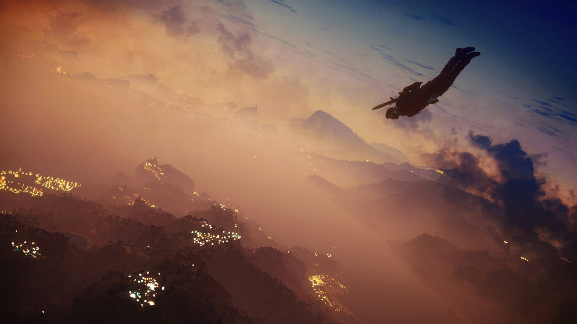 Just Cause 2, skydiver, glowing sunset sky, Full HD Desktop Wallpaper