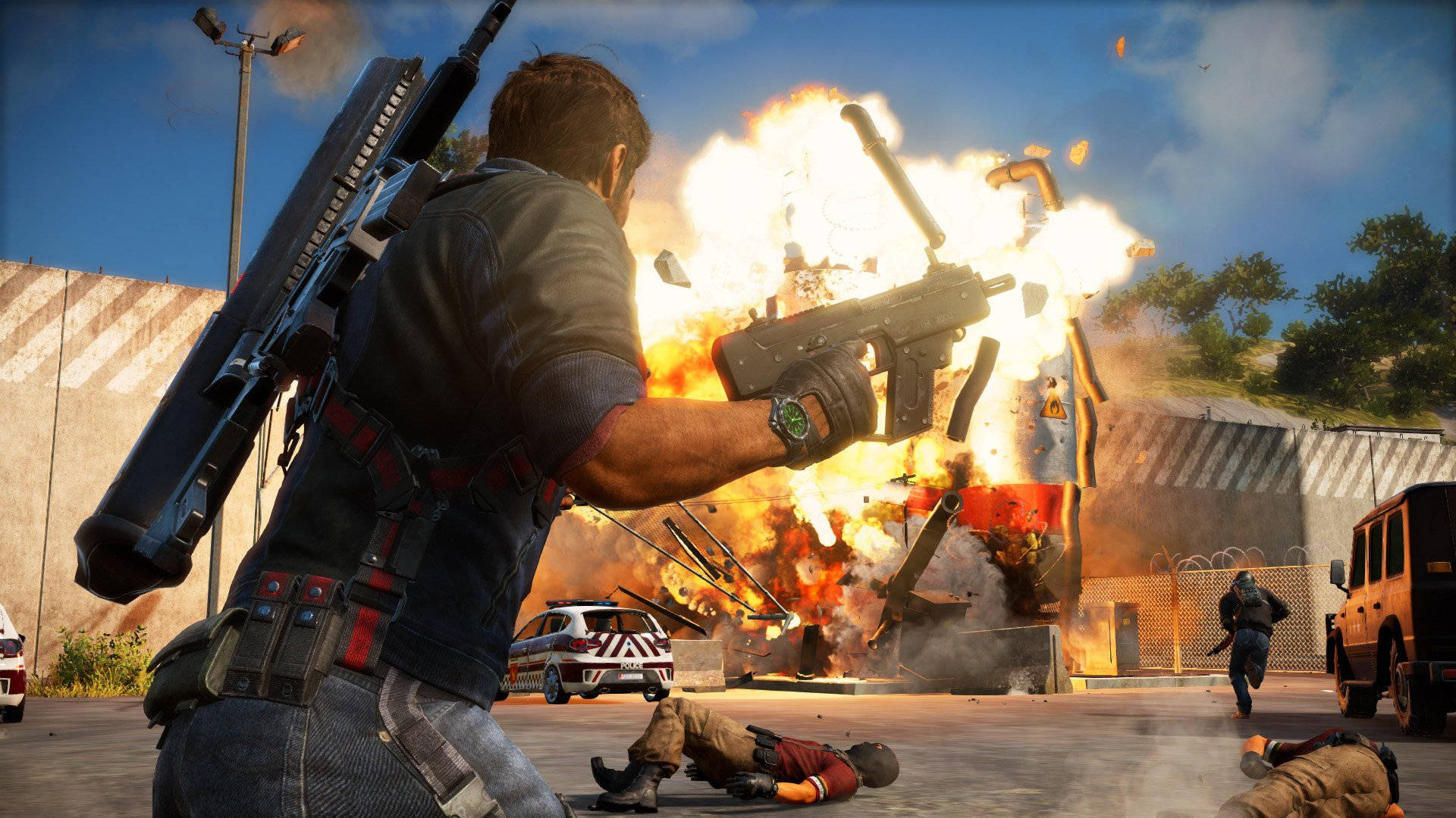 Just Cause 2, fire game scene, soldier, Full HD Desktop Wallpaper