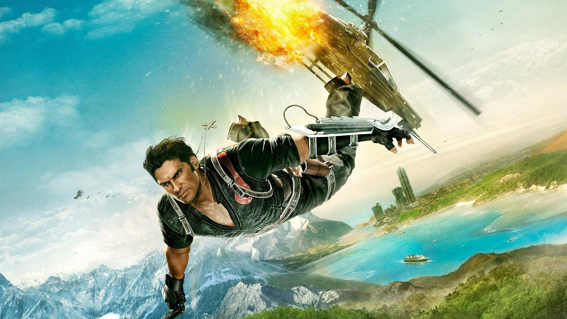 Just Cause 2, black tactical suit, flaming helicopter, Full HD Desktop Wallpaper