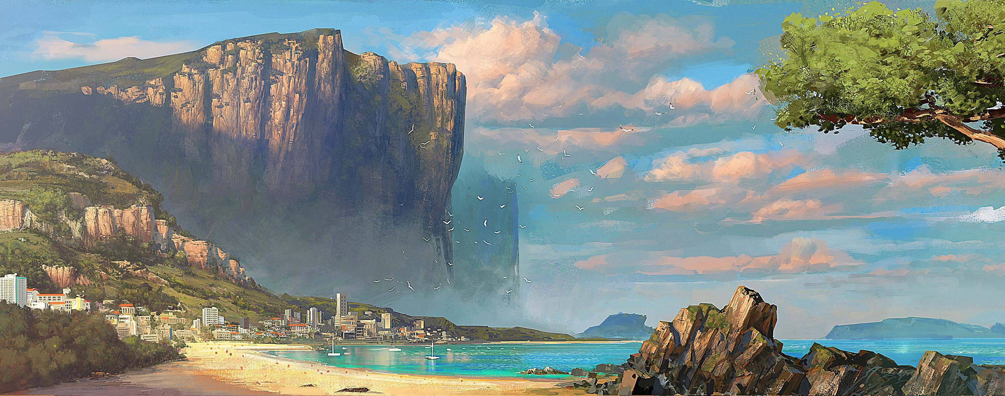 Just Cause 2, coastal town, towering cliff, 2K Desktop Wallpaper