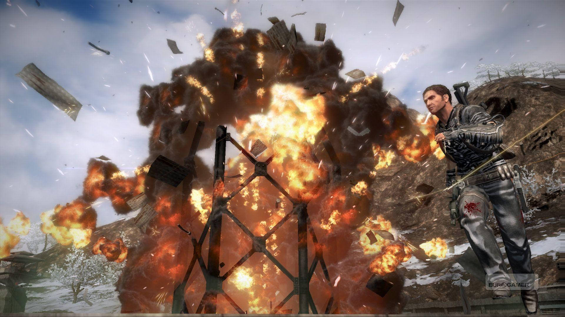 Just Cause 2, soldier, fiery explosion, Full HD Desktop Wallpaper