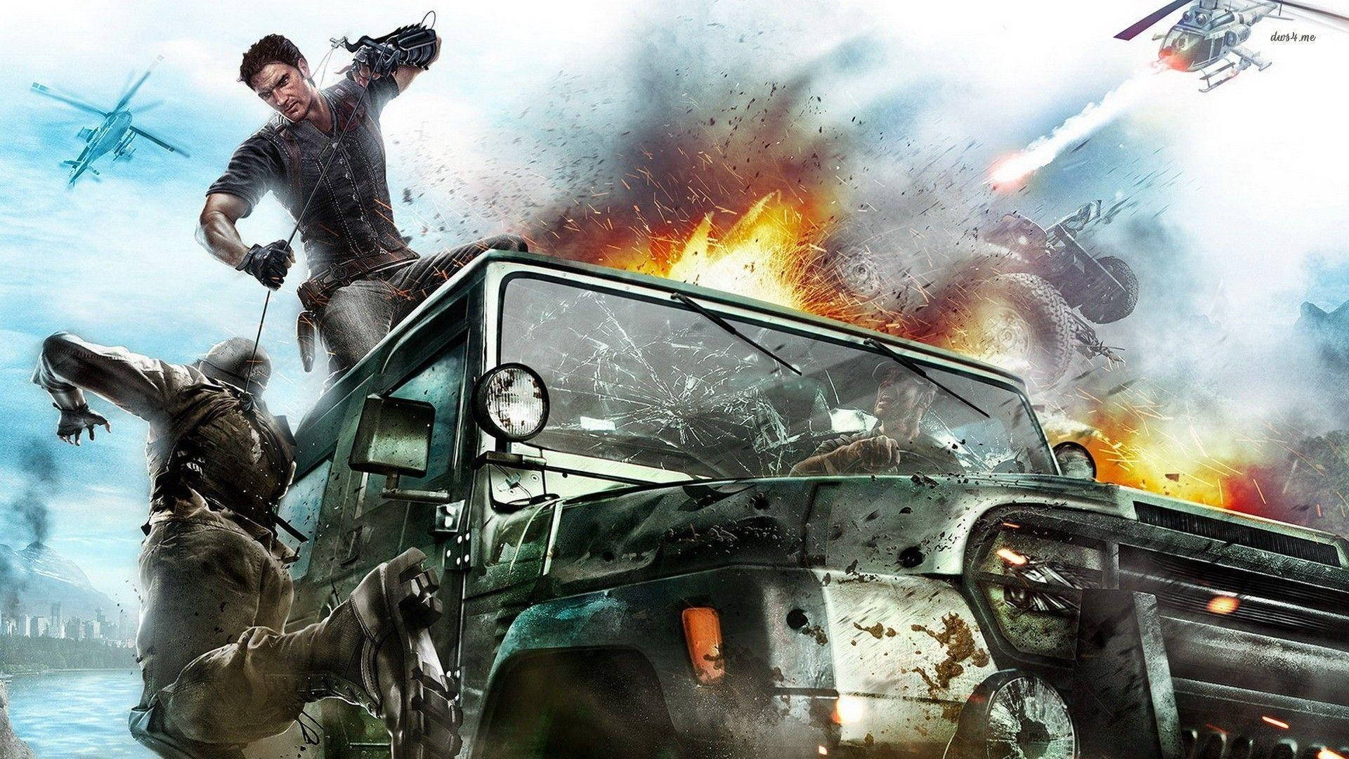 Just Cause 2, soldier, burning military truck, Full HD Desktop Wallpaper