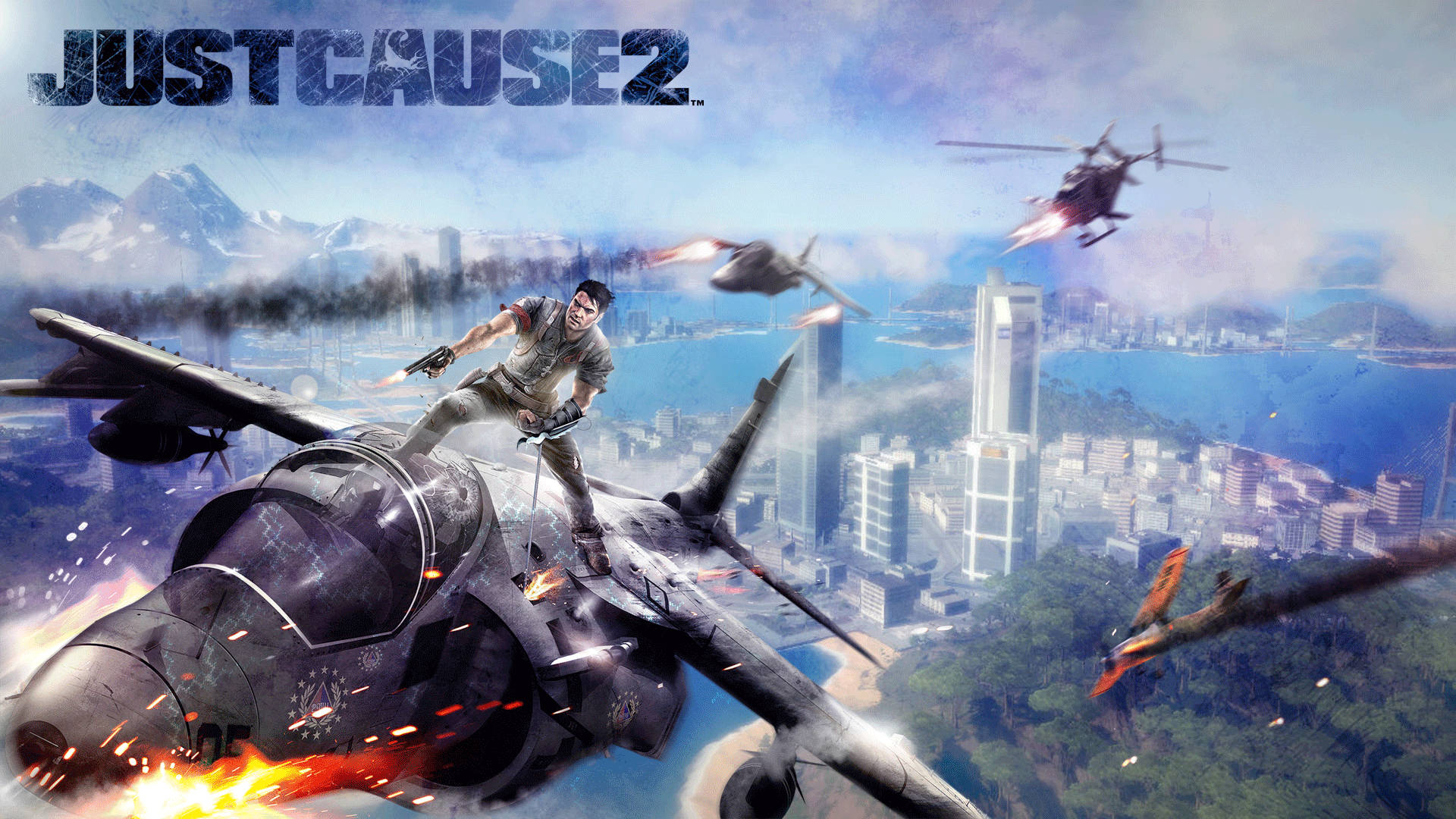 Just Cause 2, aerial battle, flaming jet, Full HD Desktop Wallpaper