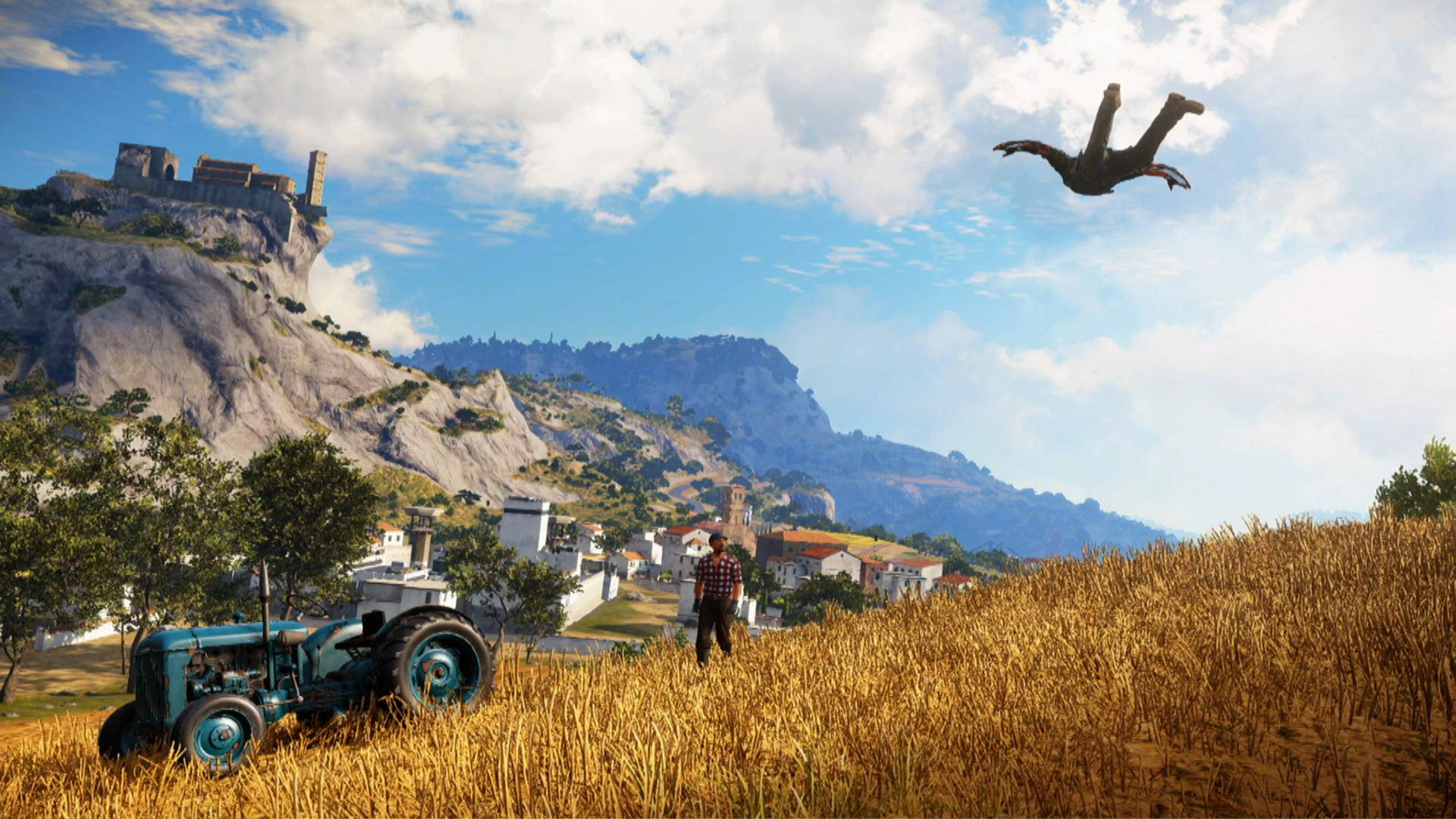 Just Cause 2, golden wheat field, vintage blue tractor, Full HD Desktop Wallpaper