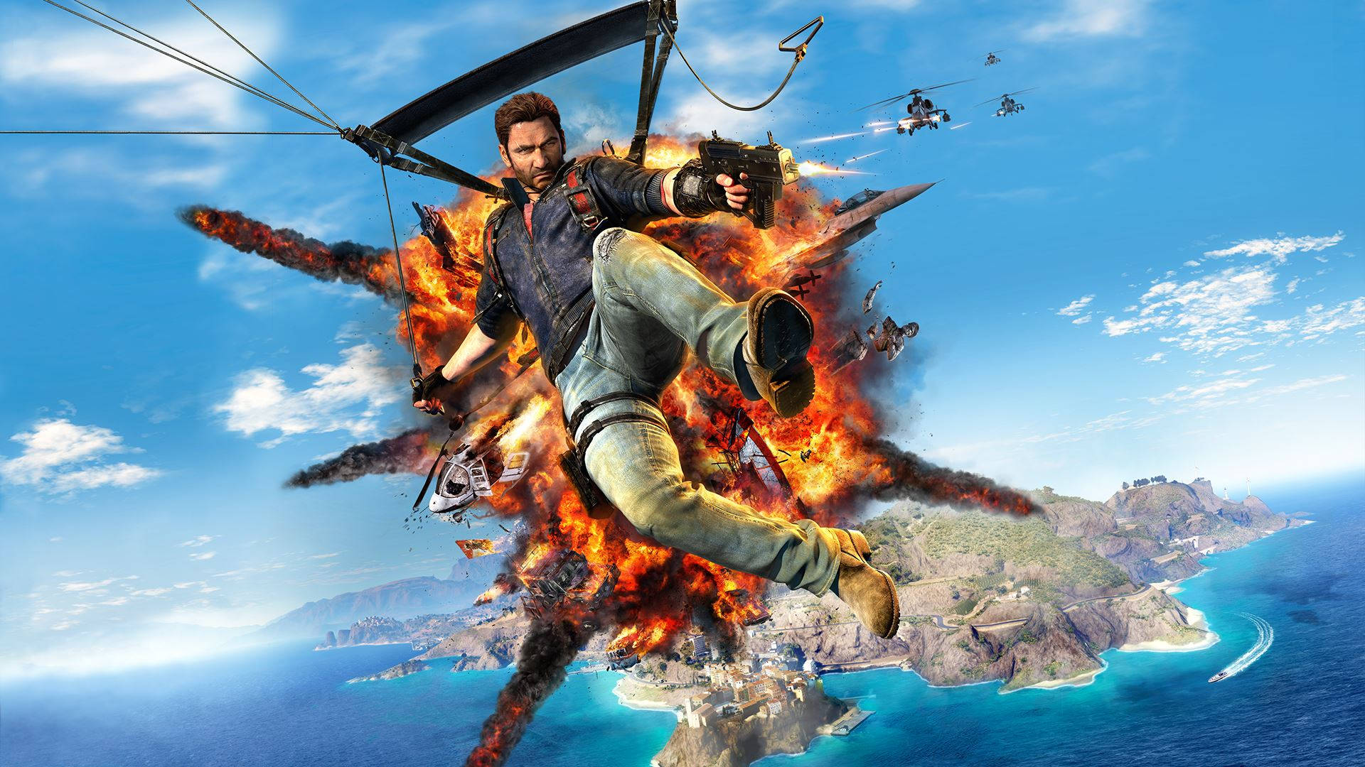 Just Cause 2, parachute, fiery explosions, Full HD Desktop Wallpaper