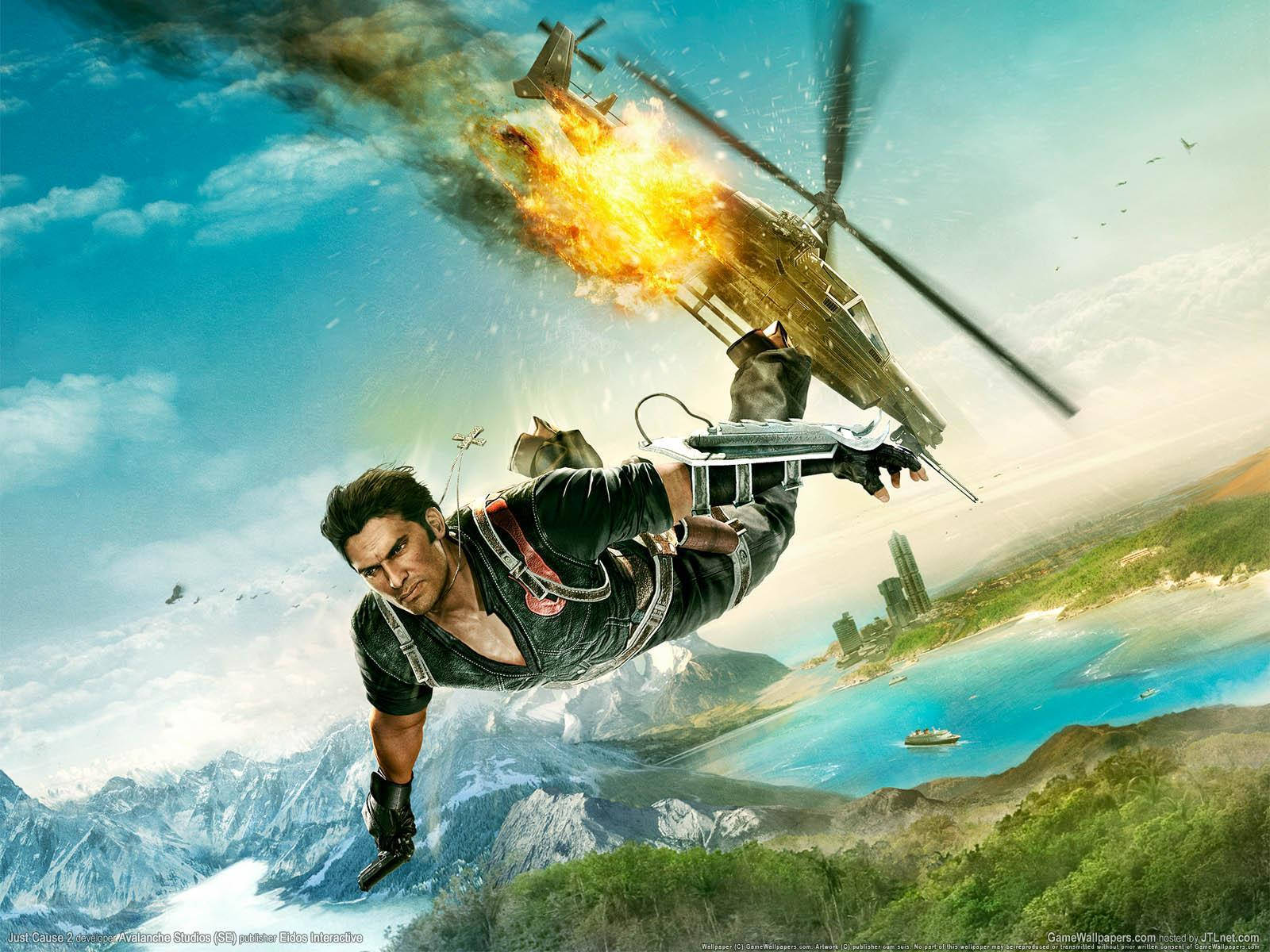 Just Cause 2, black jumpsuit, flaming helicopter, HD Desktop Wallpaper