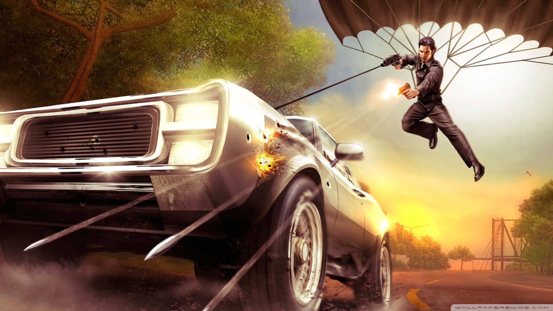 Just Cause 2, gun shooting, man parachuting, Full HD Desktop Wallpaper