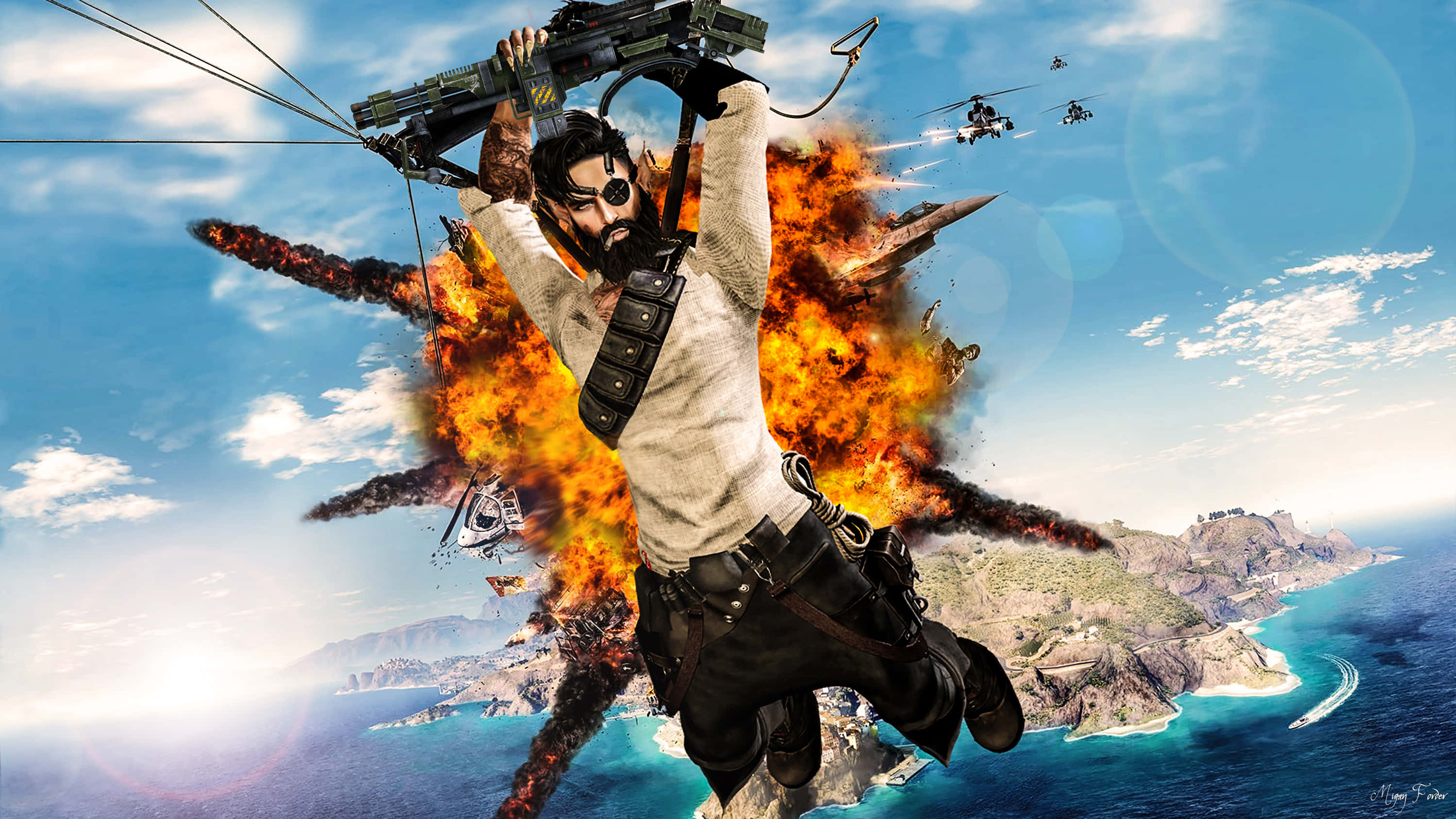 Just Cause 3, explosive skydive, tropical island, 2K Desktop Wallpaper