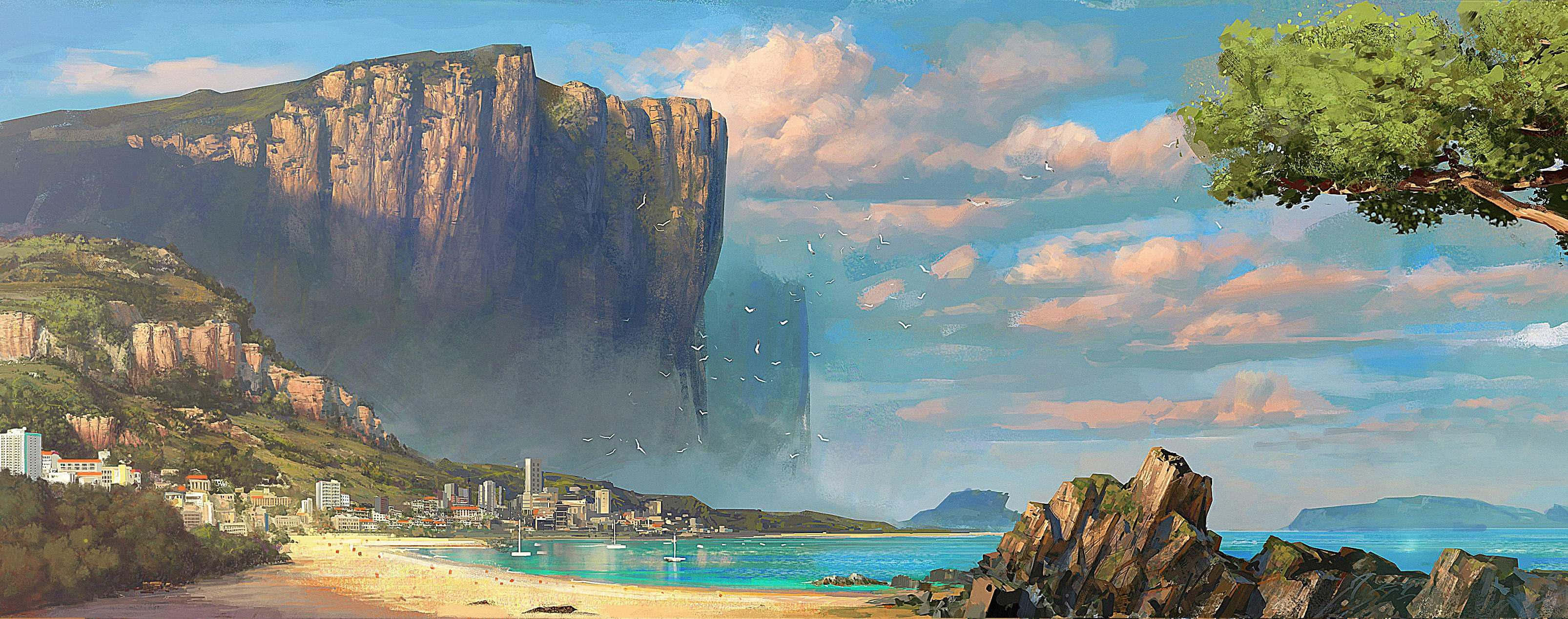Just Cause 3, coastal town, towering cliff, 2K Desktop Wallpaper