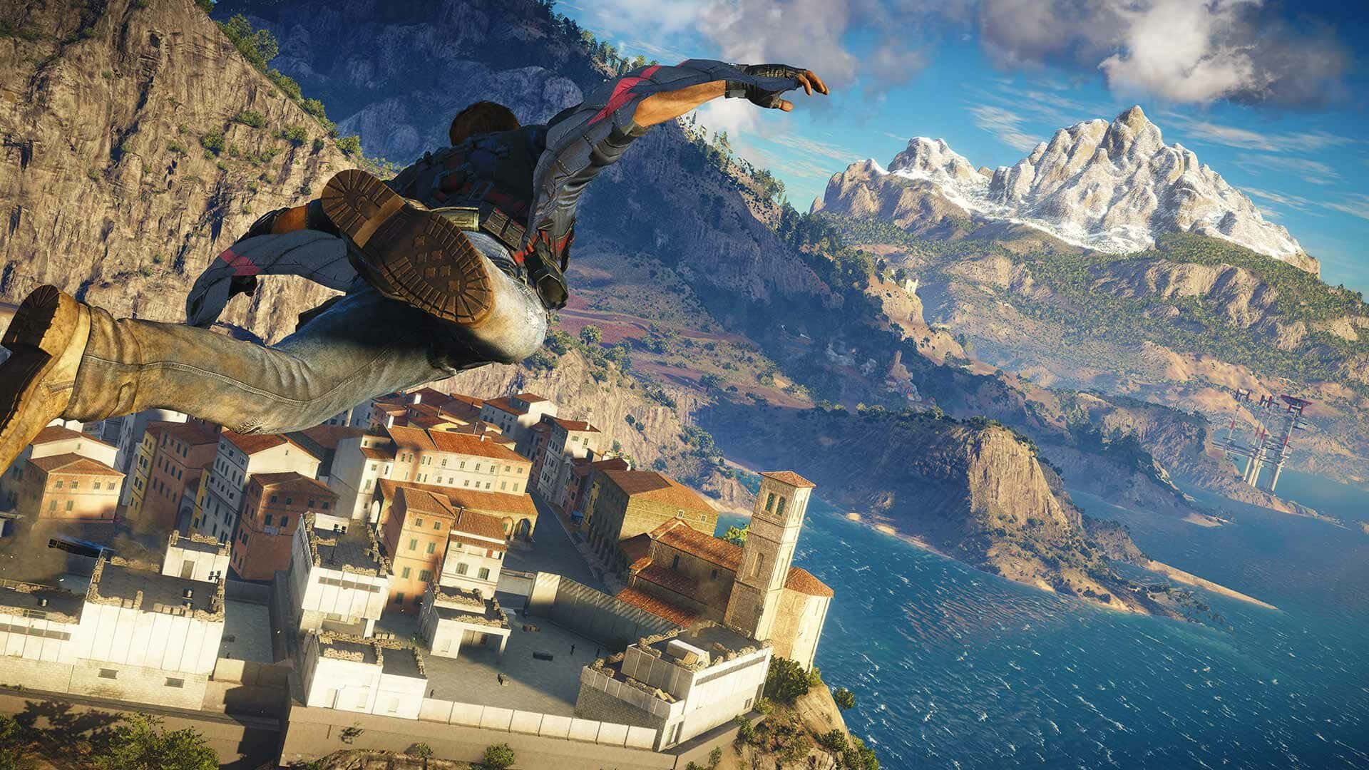 Just Cause 3, wingsuit flight, coastal town, Full HD Desktop Wallpaper