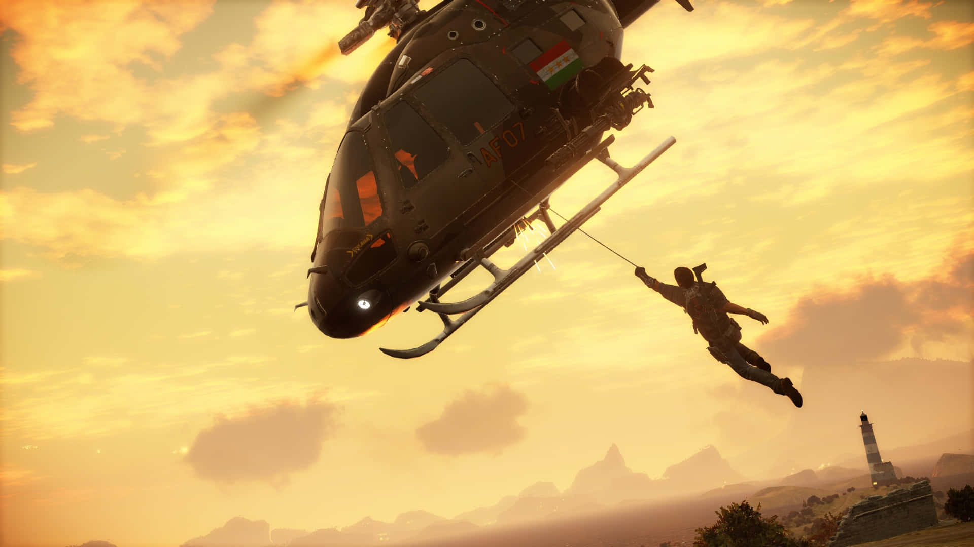Just Cause 3, helicopter, sunset, Full HD Desktop Wallpaper