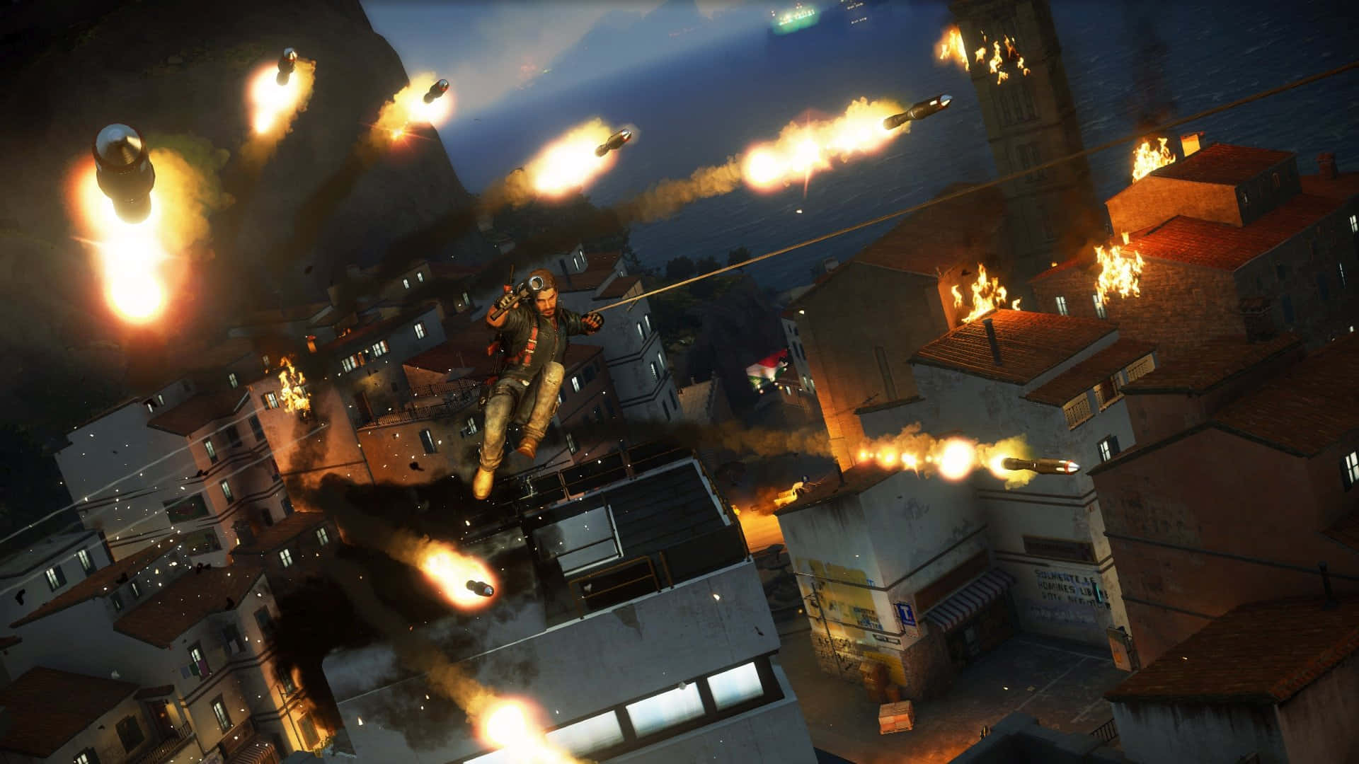 Just Cause 3, aerial chaos, burning rooftops, Full HD Desktop Wallpaper