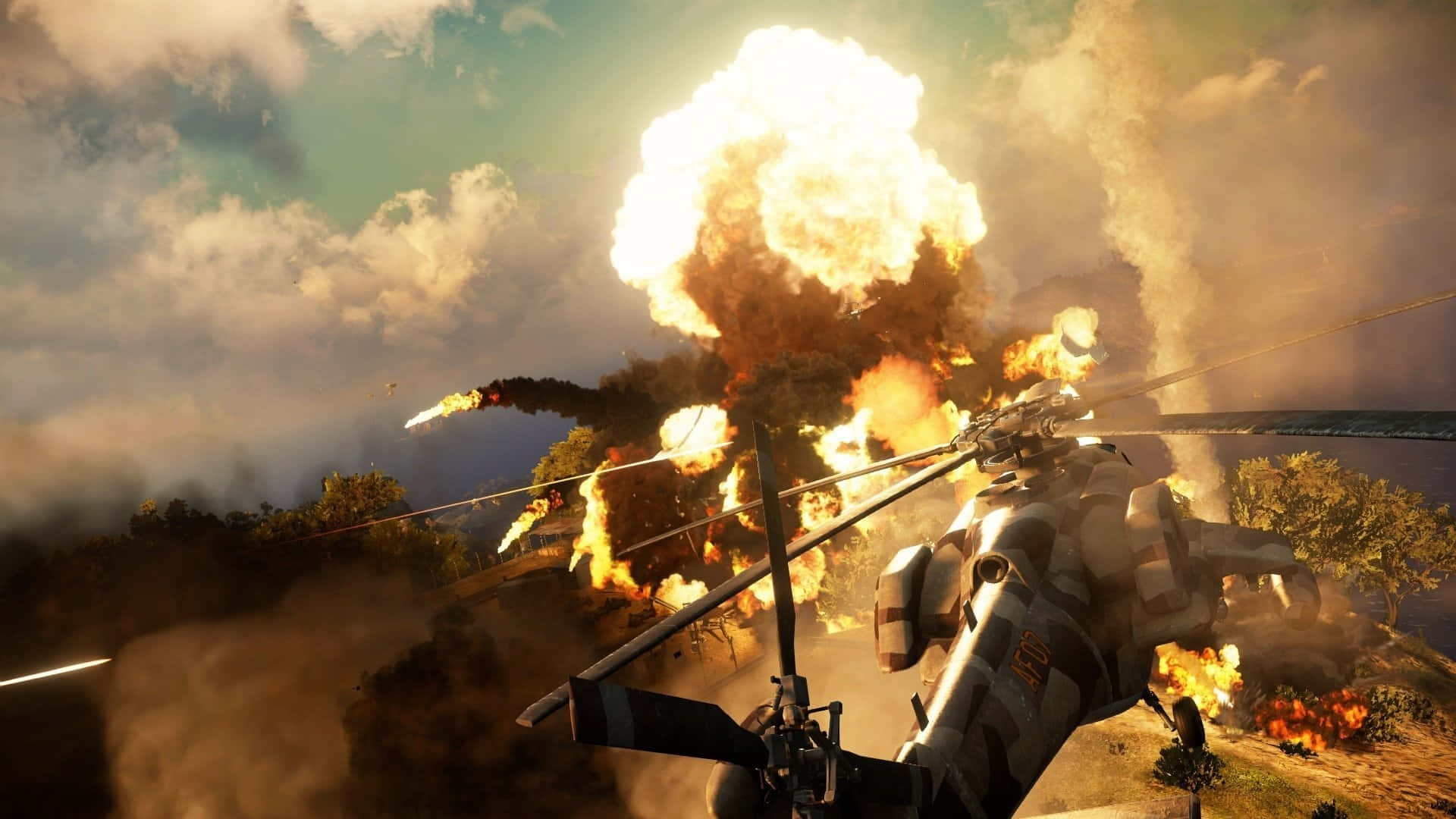 Just Cause 3, explosive helicopter, cloudy sky, Full HD Desktop Wallpaper