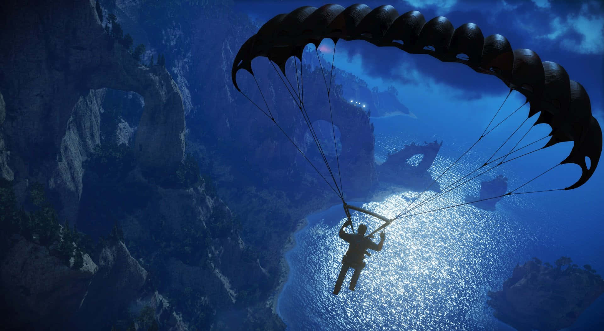 Just Cause 3, parachuting, moonlit cove, Full HD Desktop Wallpaper