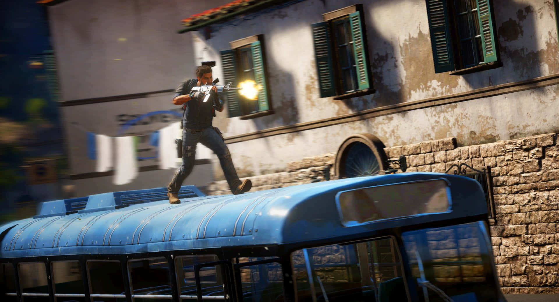 Just Cause 3, blue bus, sunlit European street, Full HD Desktop Wallpaper