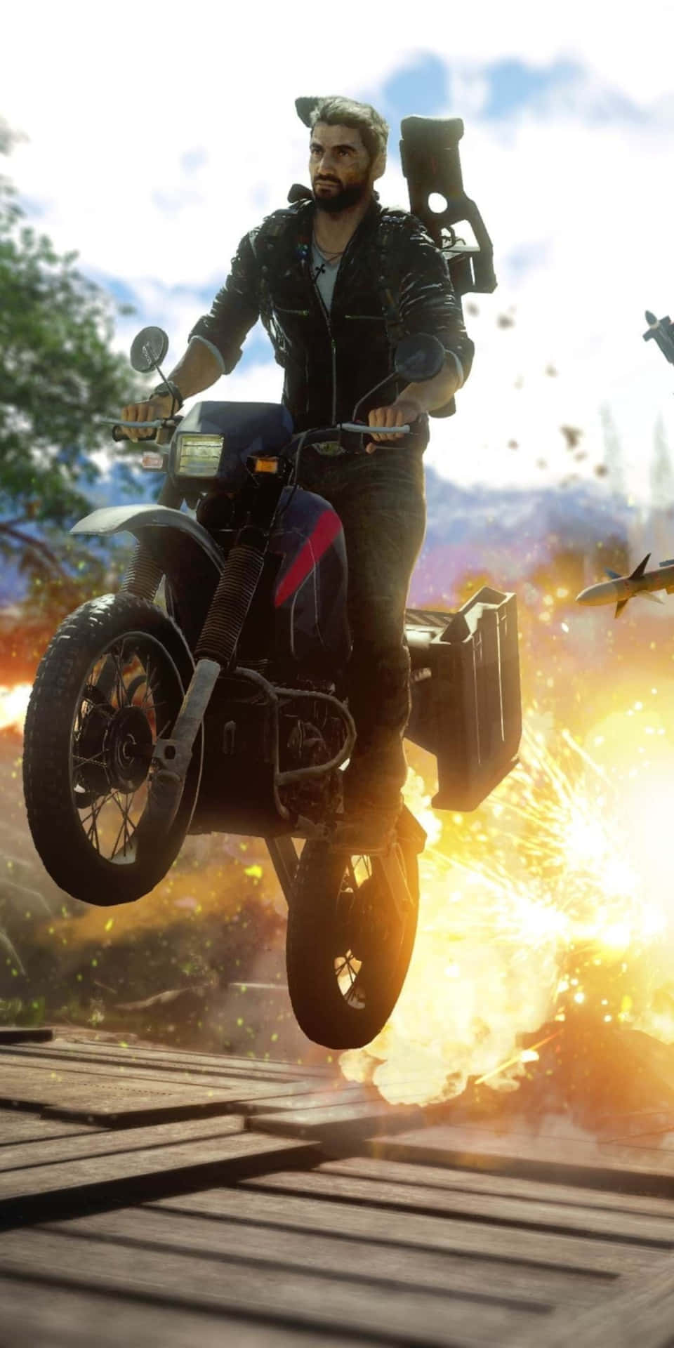 Just Cause 3, motorcycle, flaming wooden bridge, Full HD Phone Wallpaper