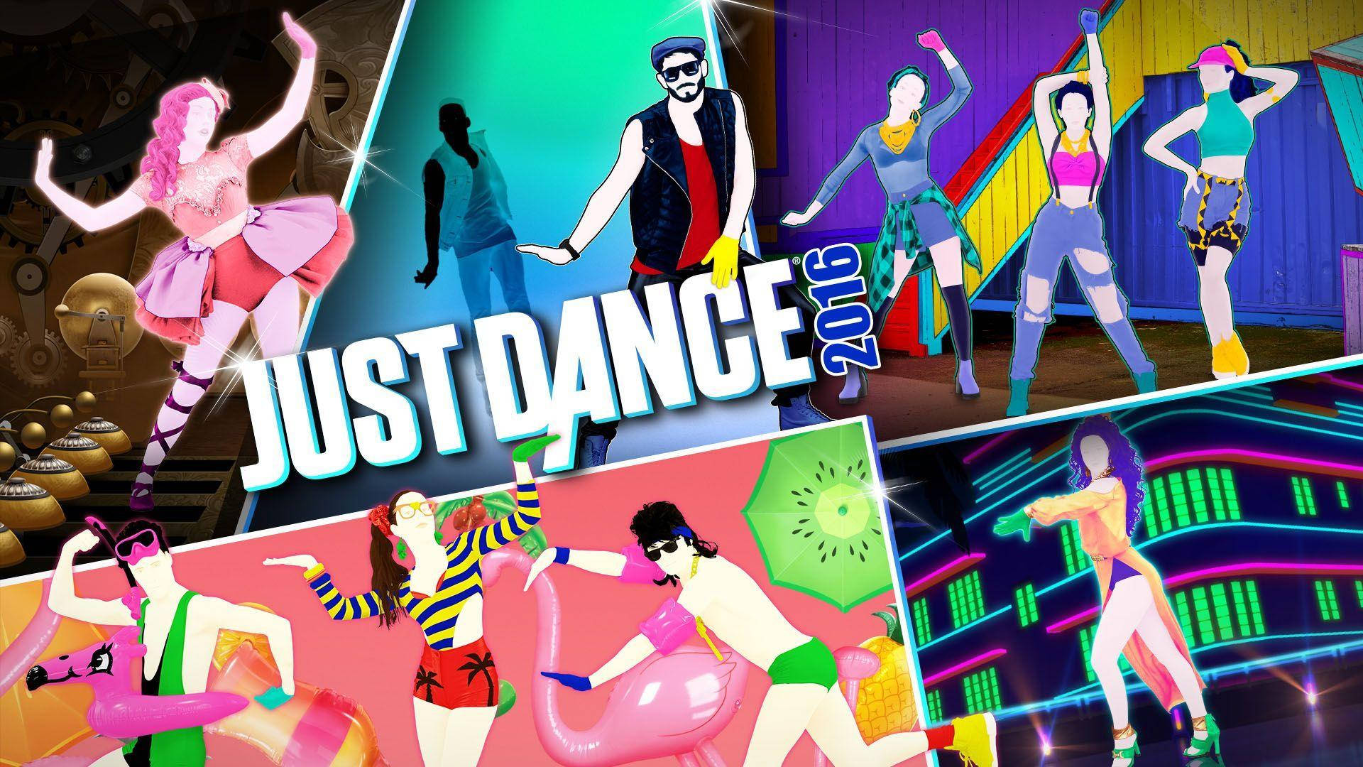 Just Dance 2016, neon outfits, colorful game-themed backgrounds, Full HD Desktop Wallpaper