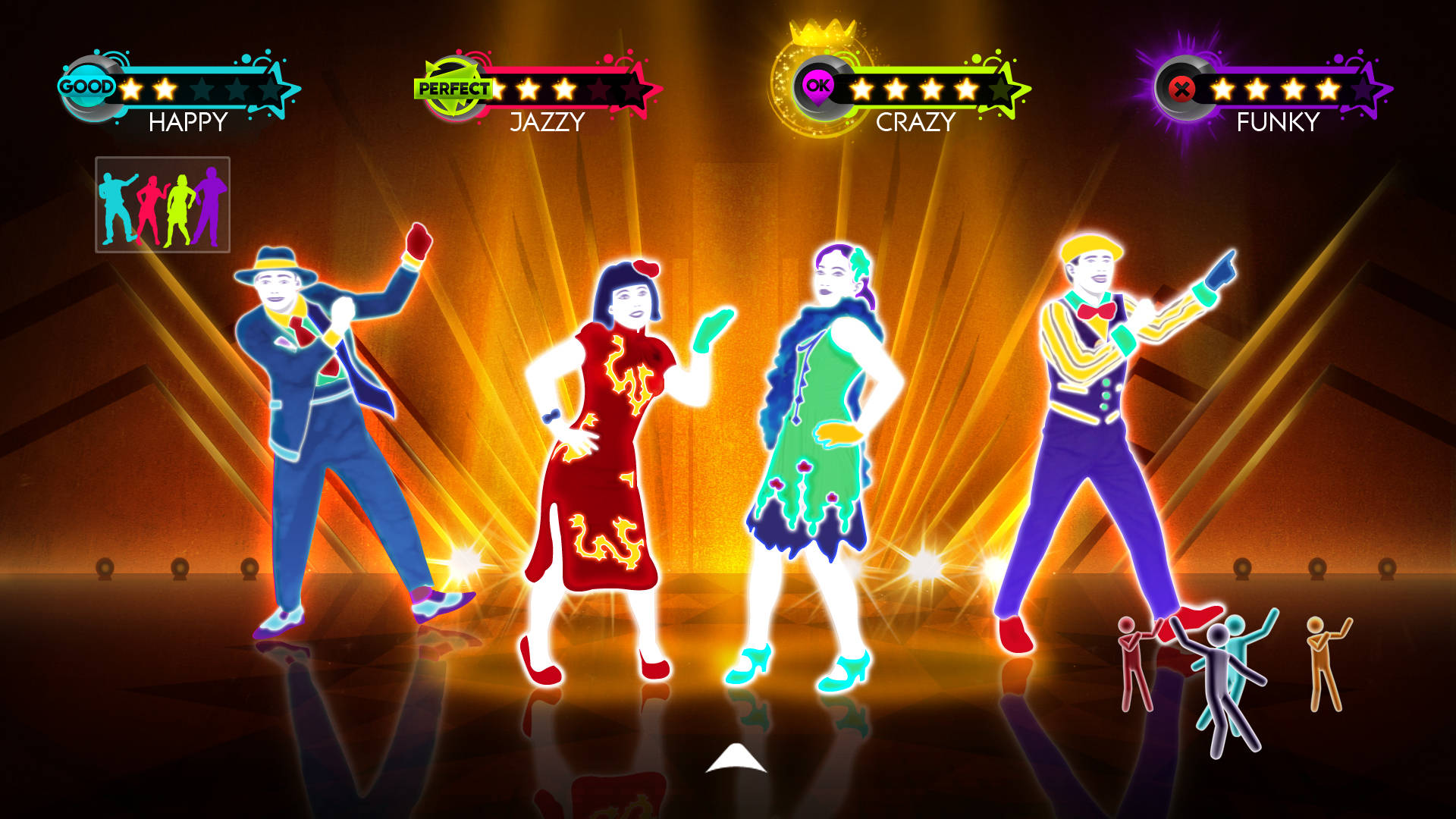 Just Dance, neon-dressed dancers, vibrant poses, Full HD Desktop Wallpaper