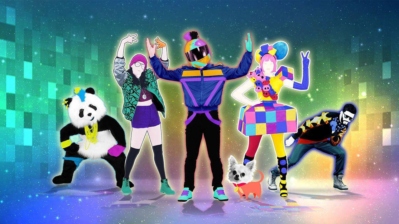 Just Dance 2016, neon outfits, glowing pixelated starry background, HD Desktop Wallpaper