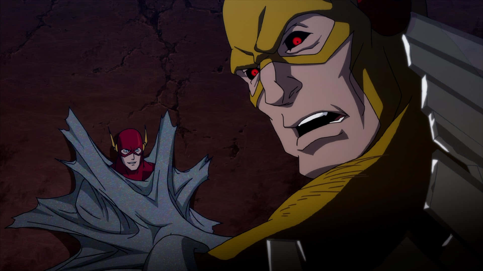 Justice League The Flashpoint Paradox, yellow-suited villain, red-suited hero, Full HD Desktop Wallpaper