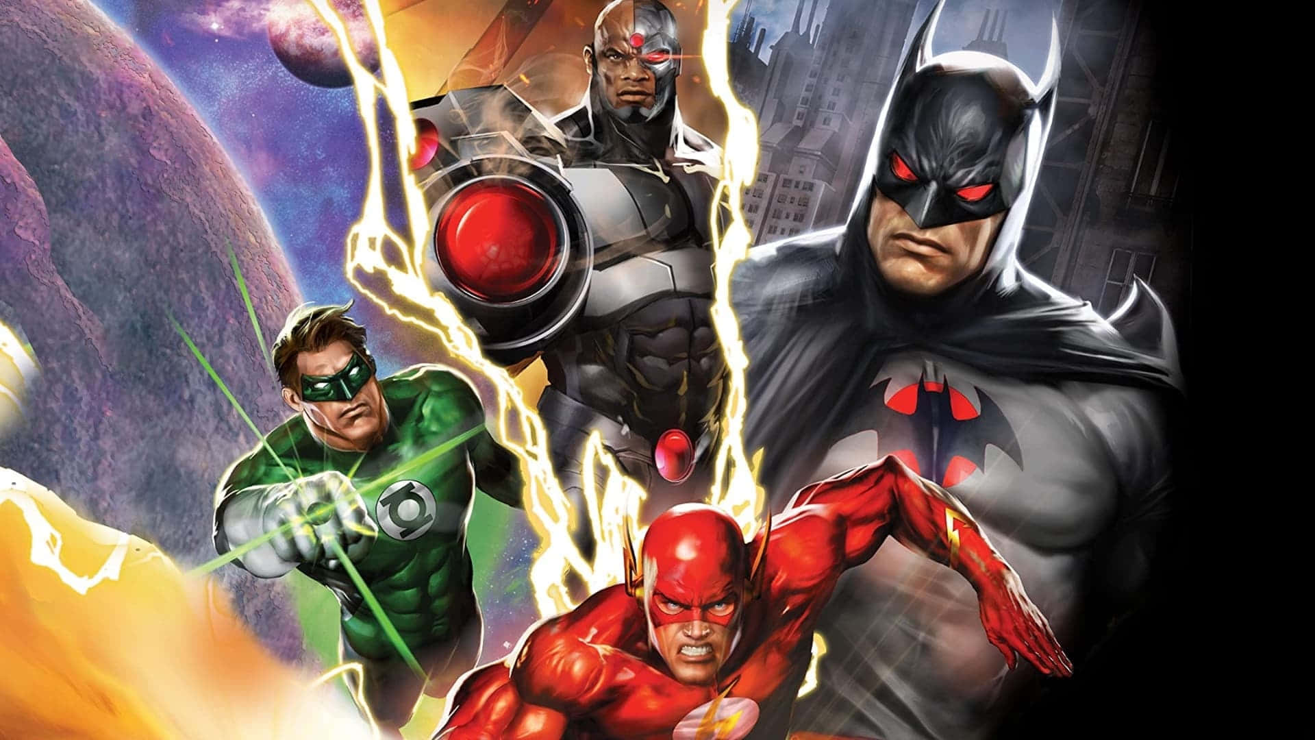 Justice League The Flashpoint Paradox, cosmic cityscape, Four superheroes, Full HD Desktop Wallpaper