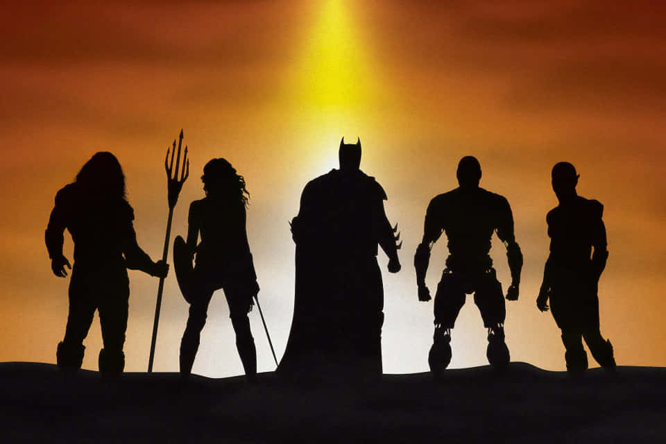 Justice League Unlimited, superhero silhouettes, glowing sunset sky, SD Desktop Wallpaper