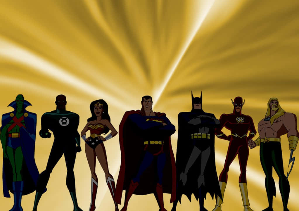 Justice League Unlimited, seven iconic superheroes, radiant golden background, SD Desktop Wallpaper