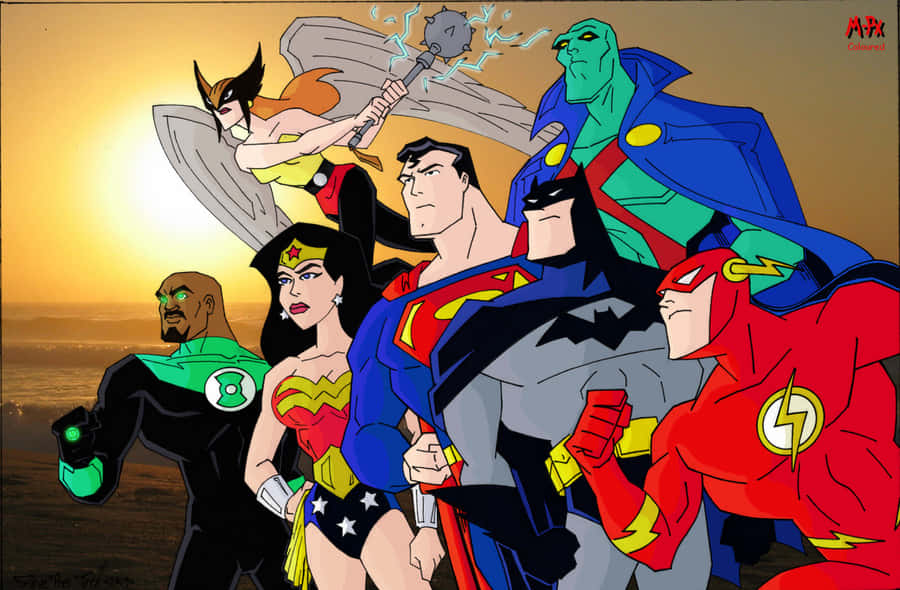 Justice League Unlimited, superheroes, glowing sunset, SD Desktop Wallpaper