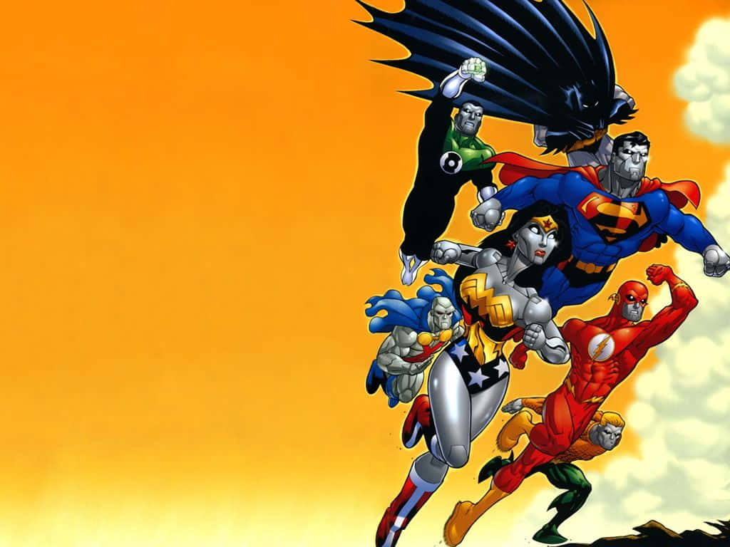 Justice League Unlimited, superhero team, vibrant orange sky, SD Desktop Wallpaper