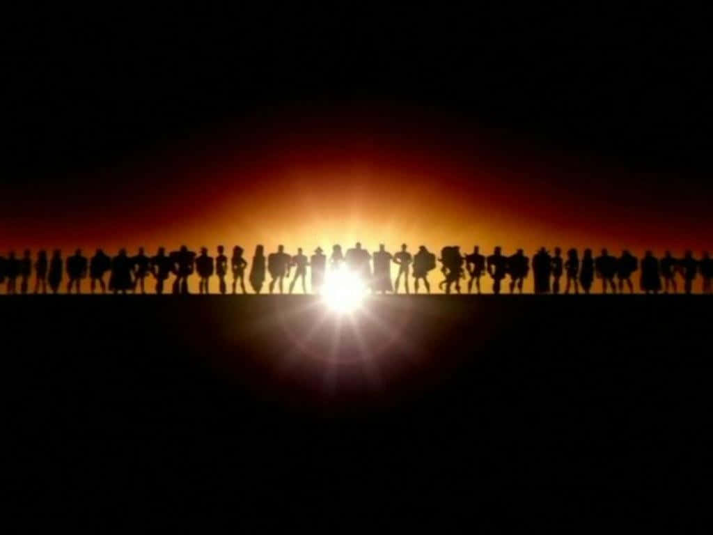 Justice League Unlimited, glowing sunset, silhouetted figures, SD Desktop Wallpaper